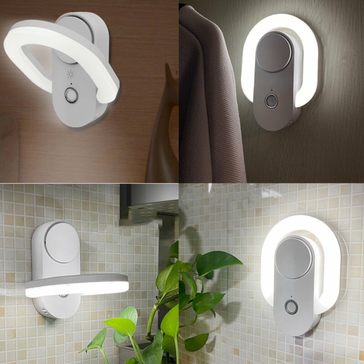 Luz LED blanca con diseño curvo. Montada en la pared, mostrada en diferentes entornos.