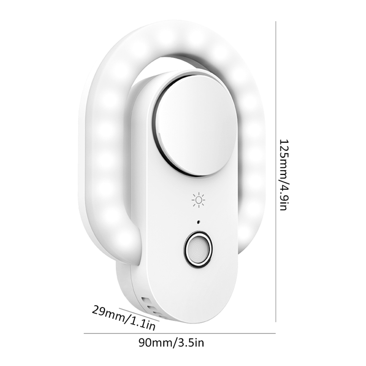 Luz selfie blanca con diseño de anillo de luz, botones y medidas indicadas.