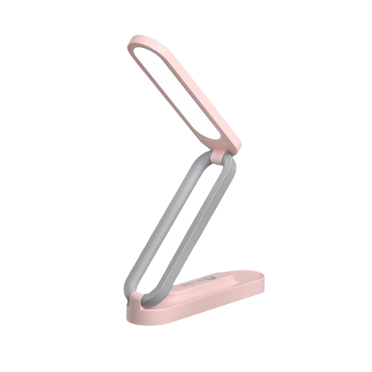 Lámpara de escritorio plegable rosa y gris. Dos paneles de luz abiertos, base plana.