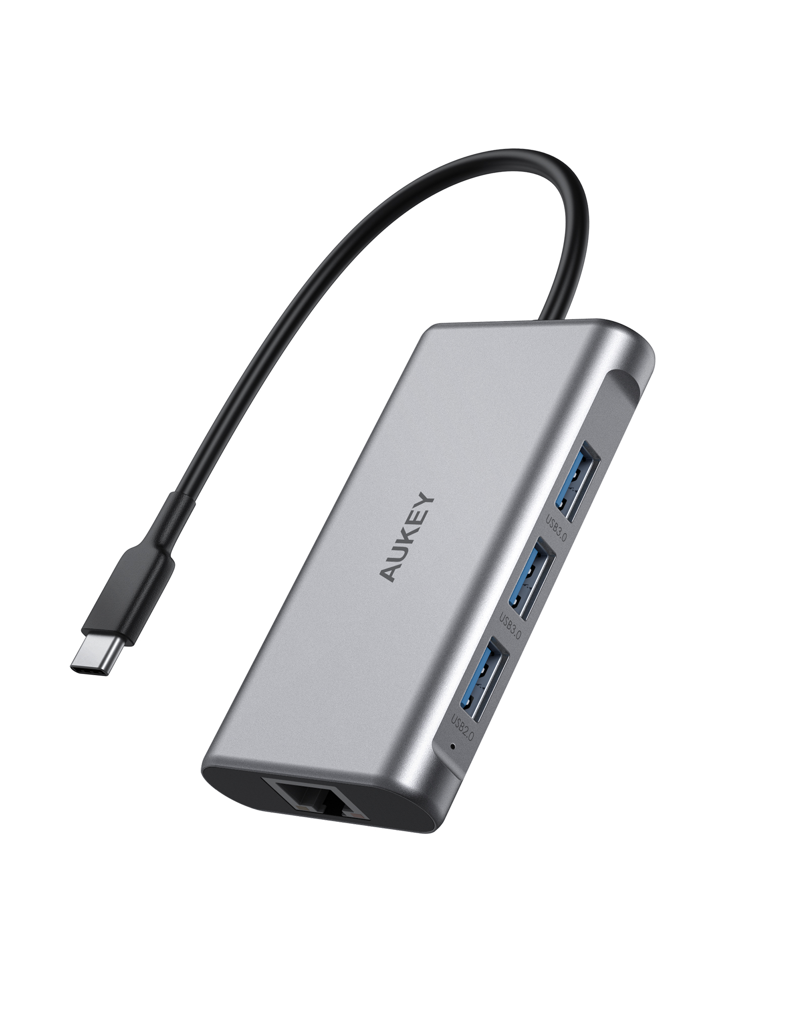 Ein silberner AUKEY USB-Hub mit USB- und Ethernet-Anschlüssen wird gezeigt.