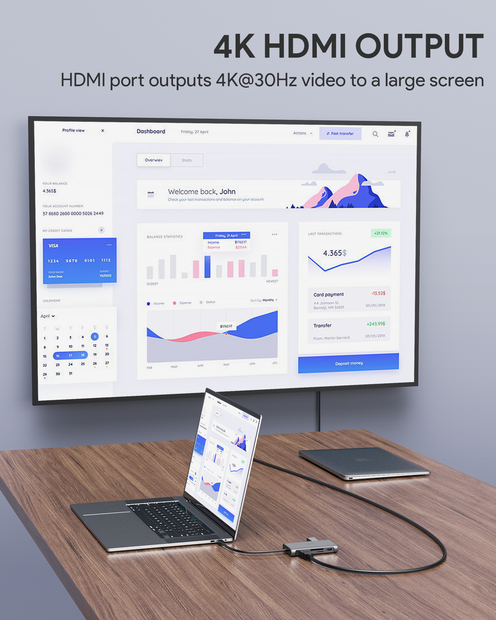Ein Laptop, der über einen Hub mit einem Bildschirm verbunden ist und ein Dashboard und 4K HDMI-Ausgabe anzeigt.