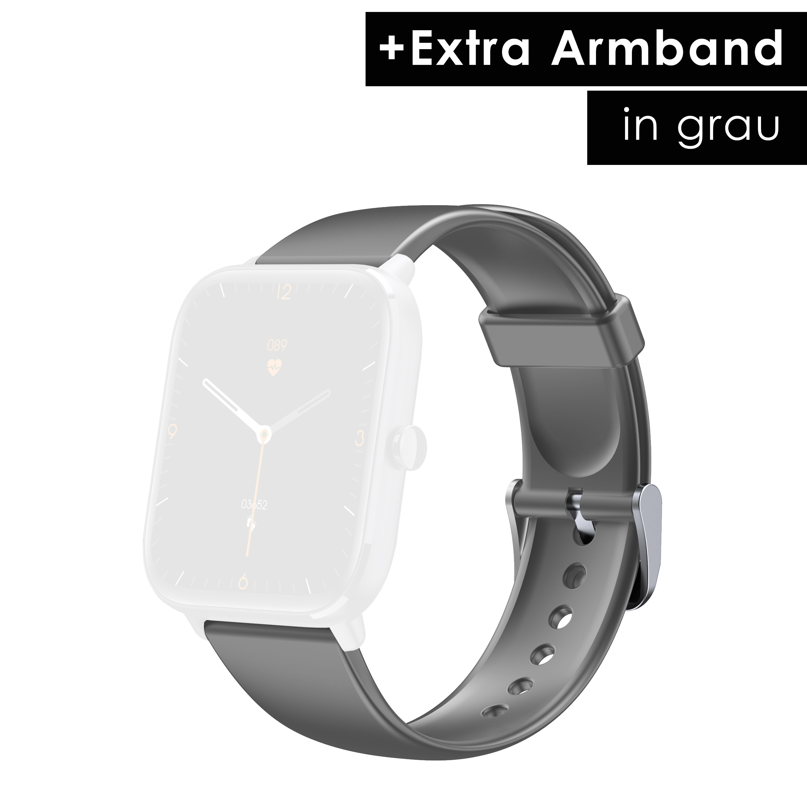 Smartwatch mit grauem Armband, zeigt die Uhr mit einem schlichten Design.