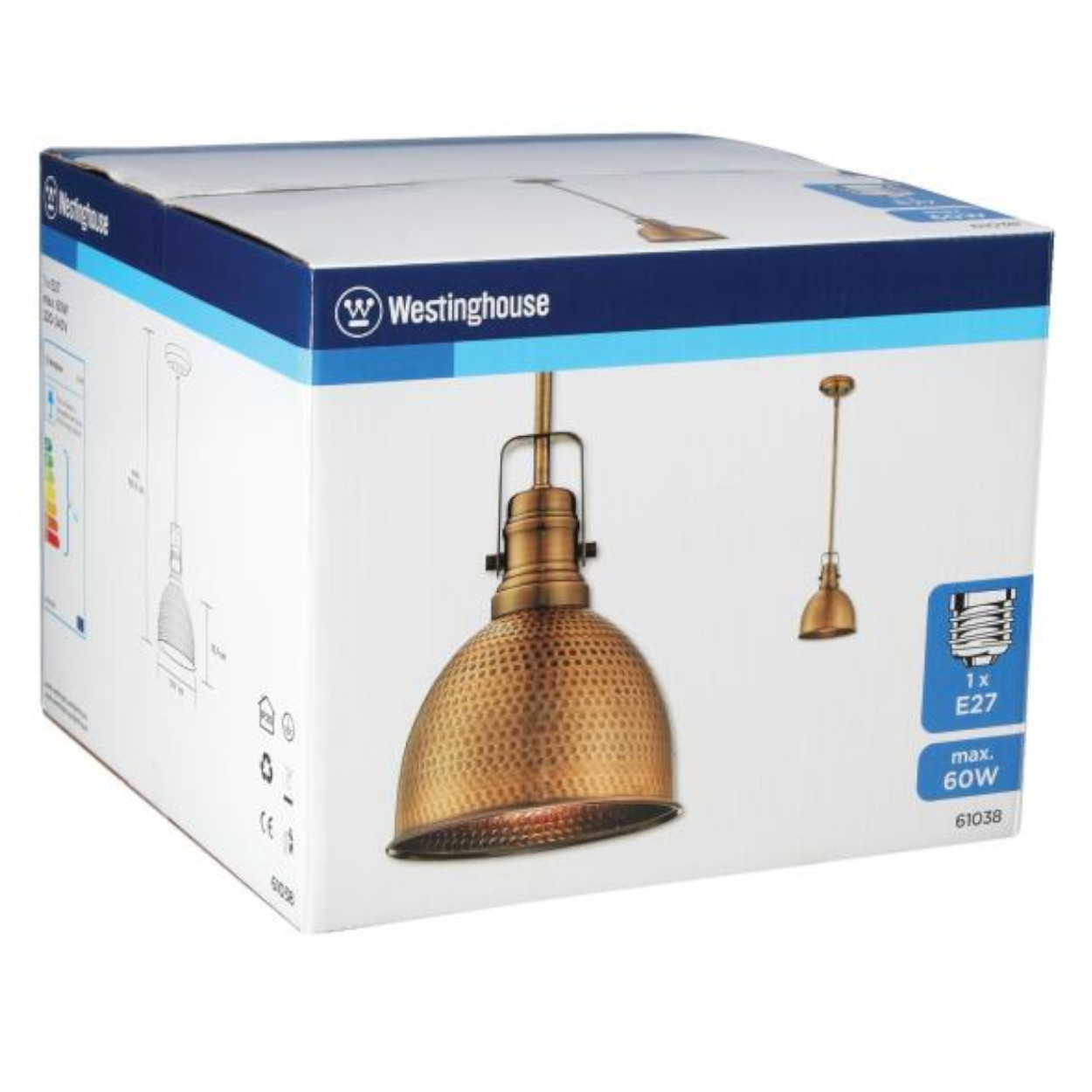 Eine Westinghouse-Schachtel mit einer Pendelleuchte aus Messing. Die Schachtel ist weiß mit blauem Rand. Die Leuchte hat einen strukturierten Schirm.