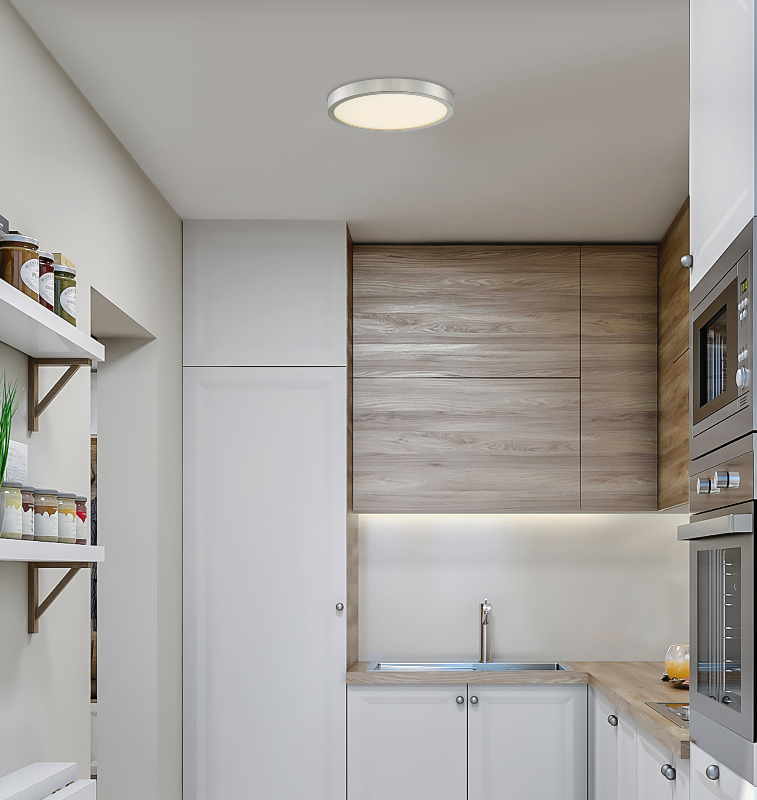 Un interno cucina moderno con mobili bianchi, accenti in legno e un apparecchio di illuminazione a soffitto rotondo.
