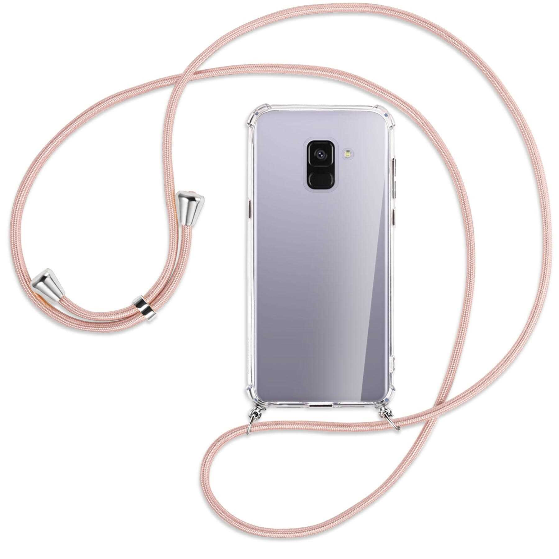 Samsung, A8 mit 2018, Silber MTB Kordel, Galaxy Plus / MORE Umhänge-Hülle Rosegold Backcover, ENERGY