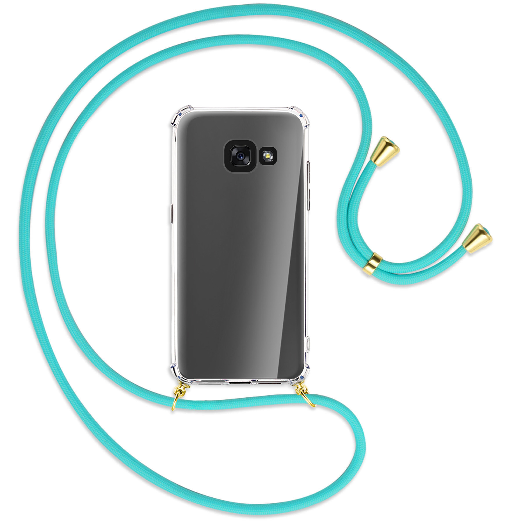 Telefon mit durchsichtiger Hülle und türkisfarbenem Umhängeband.