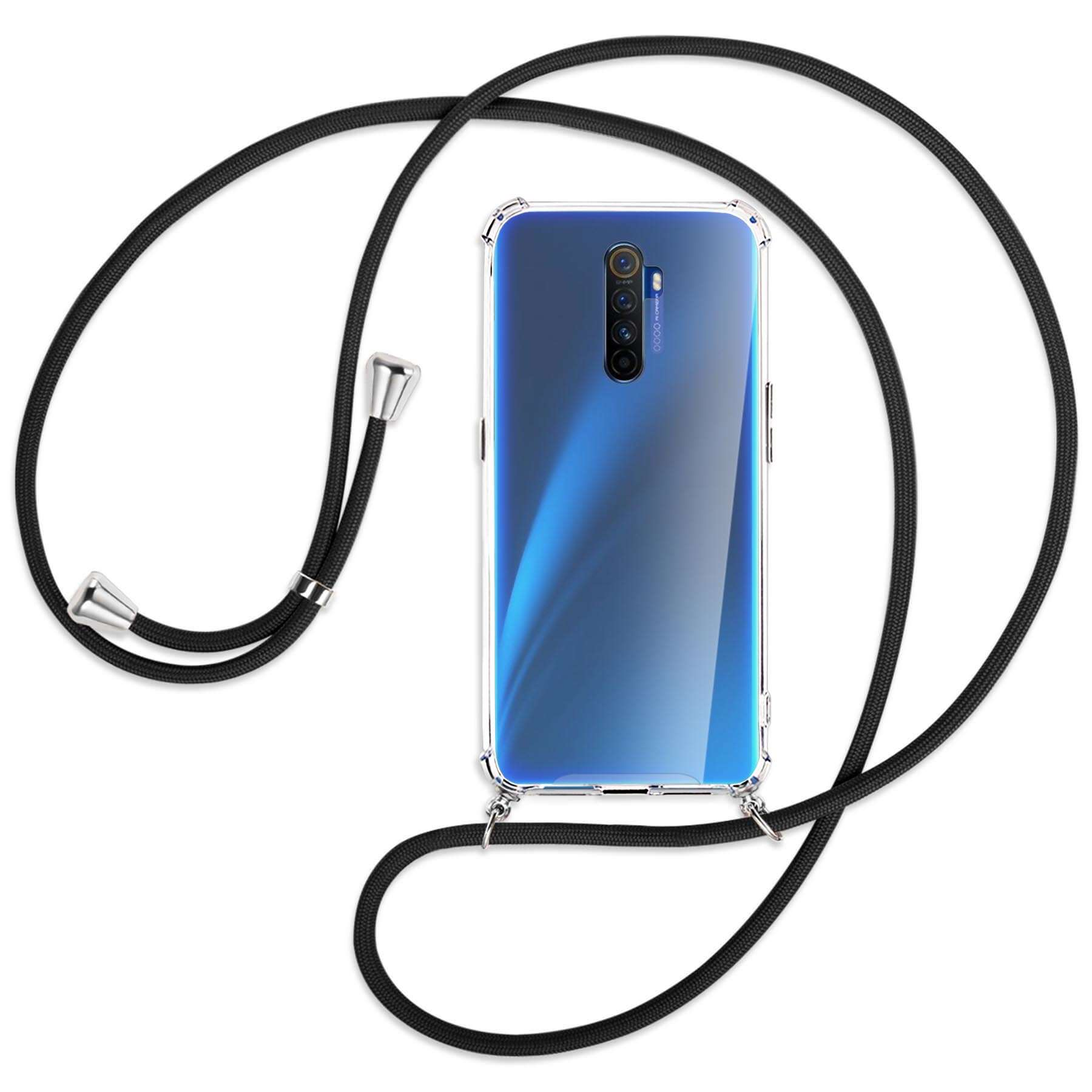 Schwarzes Lanyard und Handyhülle mit blauem Design. Weißer Hintergrund.