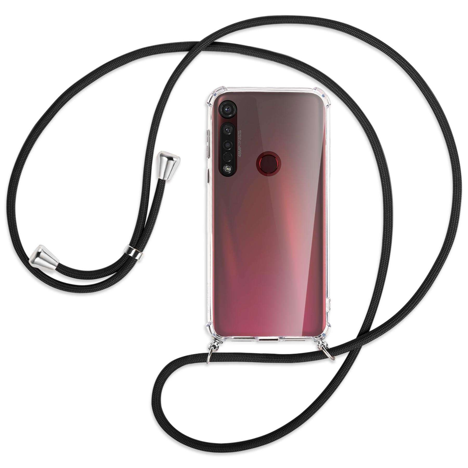 Transparente Handyhülle mit schwarzem Umhängeband. Die Hülle ist mit silbernen Ringen befestigt. Das Telefon ist sichtbar.