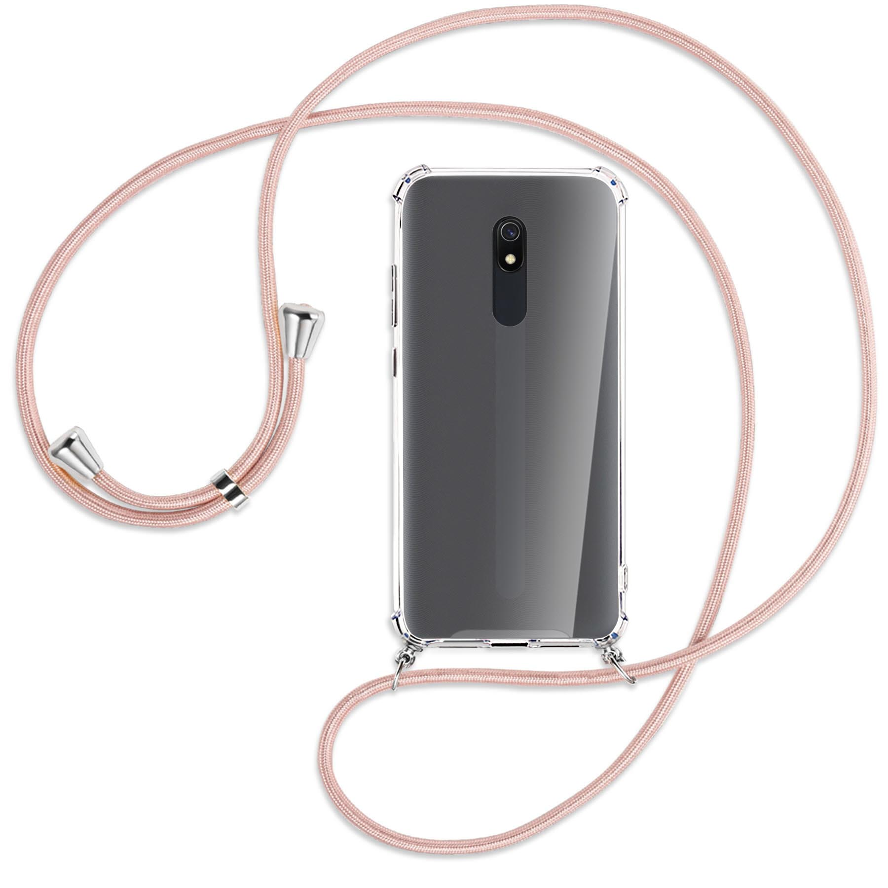 Transparente Handyhülle mit rosa Lanyard. Die Hülle liegt auf weißem Untergrund.