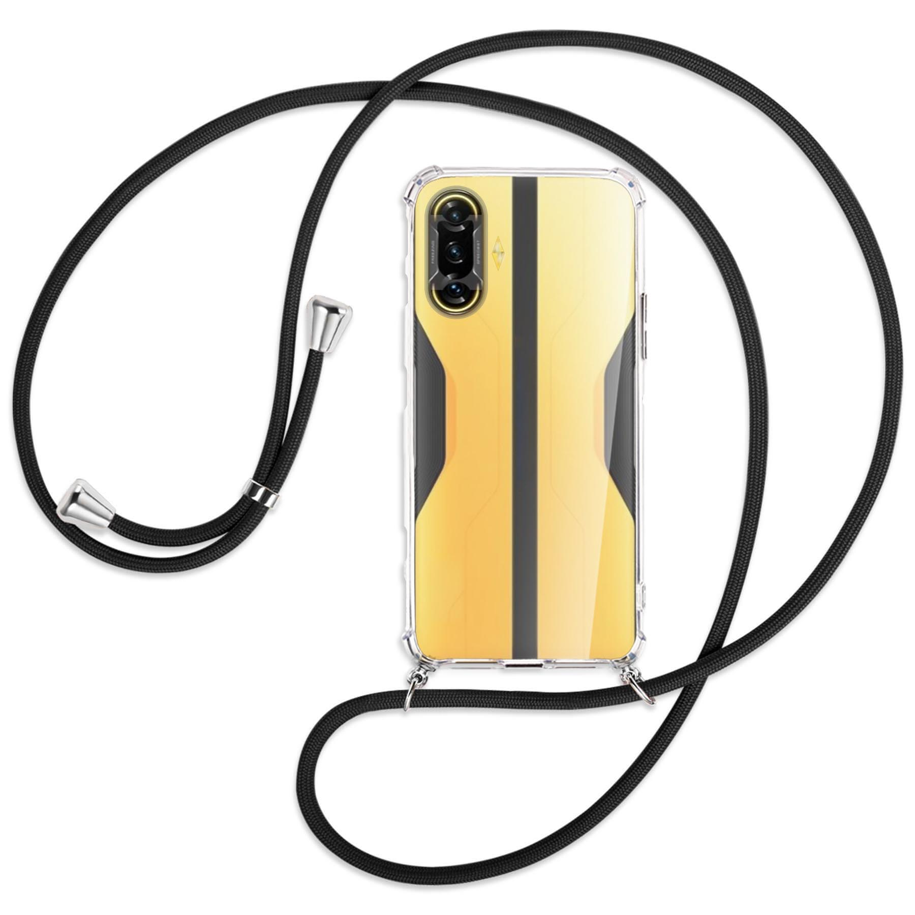 Eine transparente Handyhülle mit schwarzem Lanyard. Die Handyhülle hat ein gelbes Design. Weißer Hintergrund.