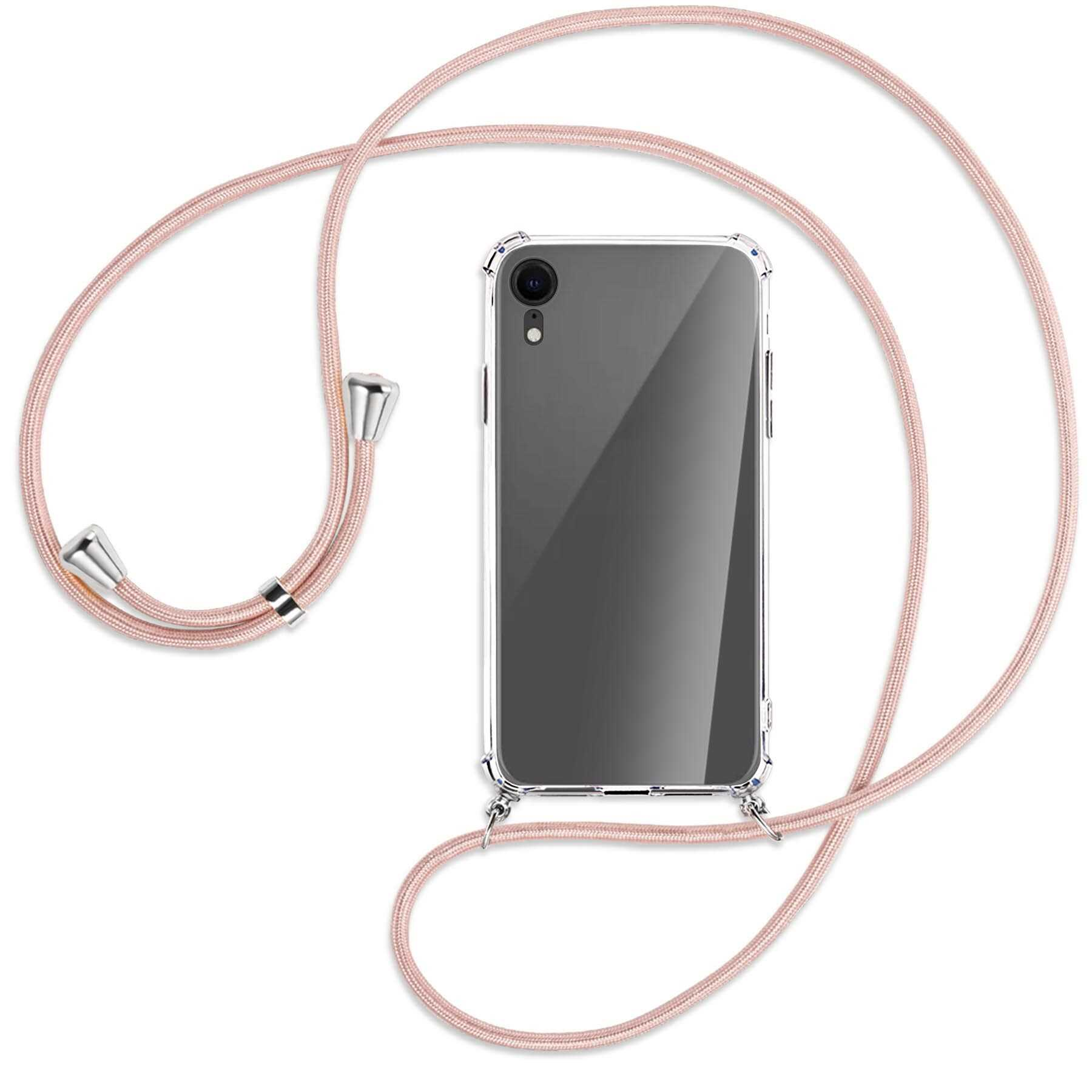Telefon in klarer Hülle, roségoldenes Band. Silberne Verbinder. Weißer Hintergrund.
