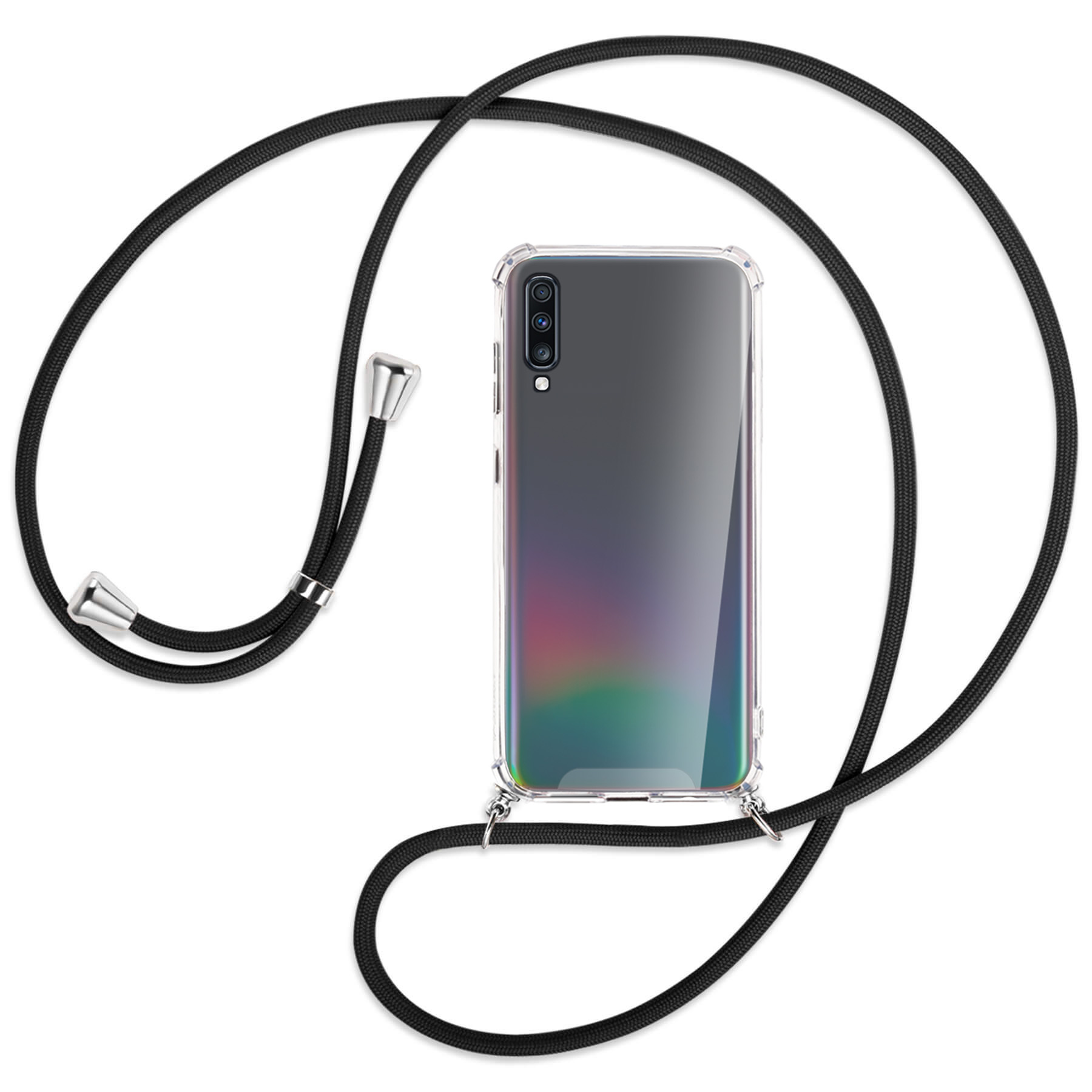 Telefon mit schwarzem Riemen. Das Telefon befindet sich in einer transparenten Hülle.