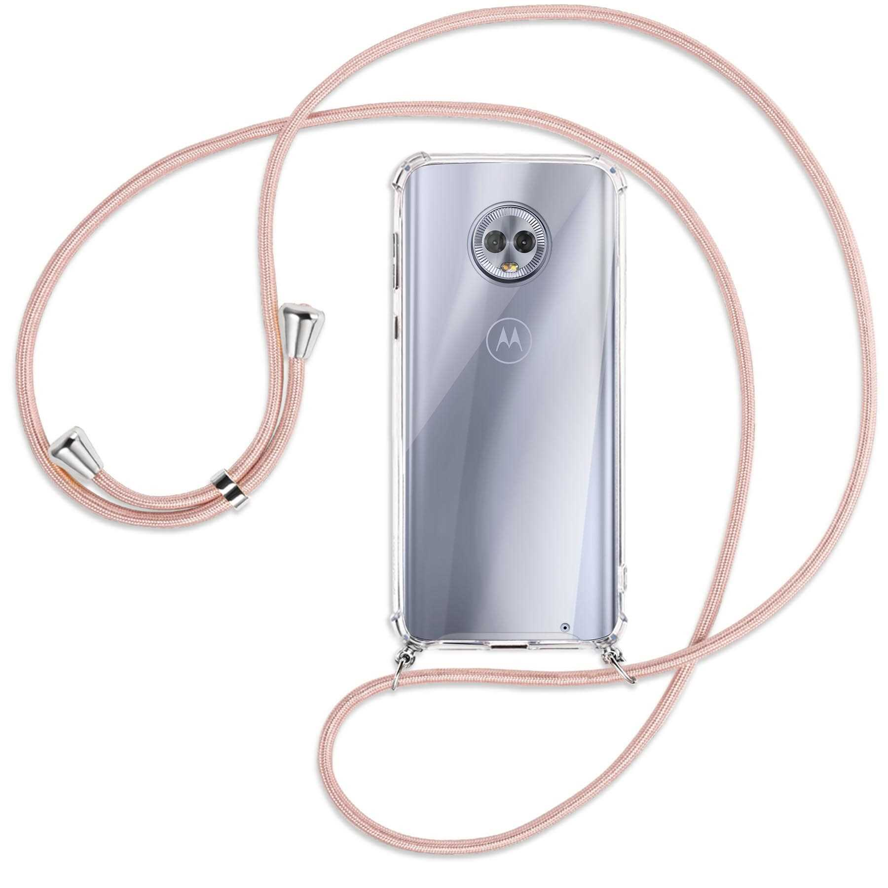 Umhänge-Hülle Silber Backcover, MORE Motorola, Moto G6 / ENERGY Plus, Kordel, MTB mit Rosegold