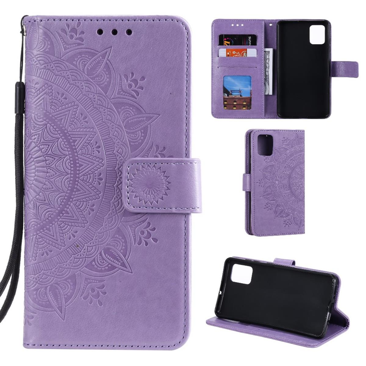 Lila Handyhülle mit Mandala-Design. Geöffnet mit Telefon, Karten und schwarzer Hülle.