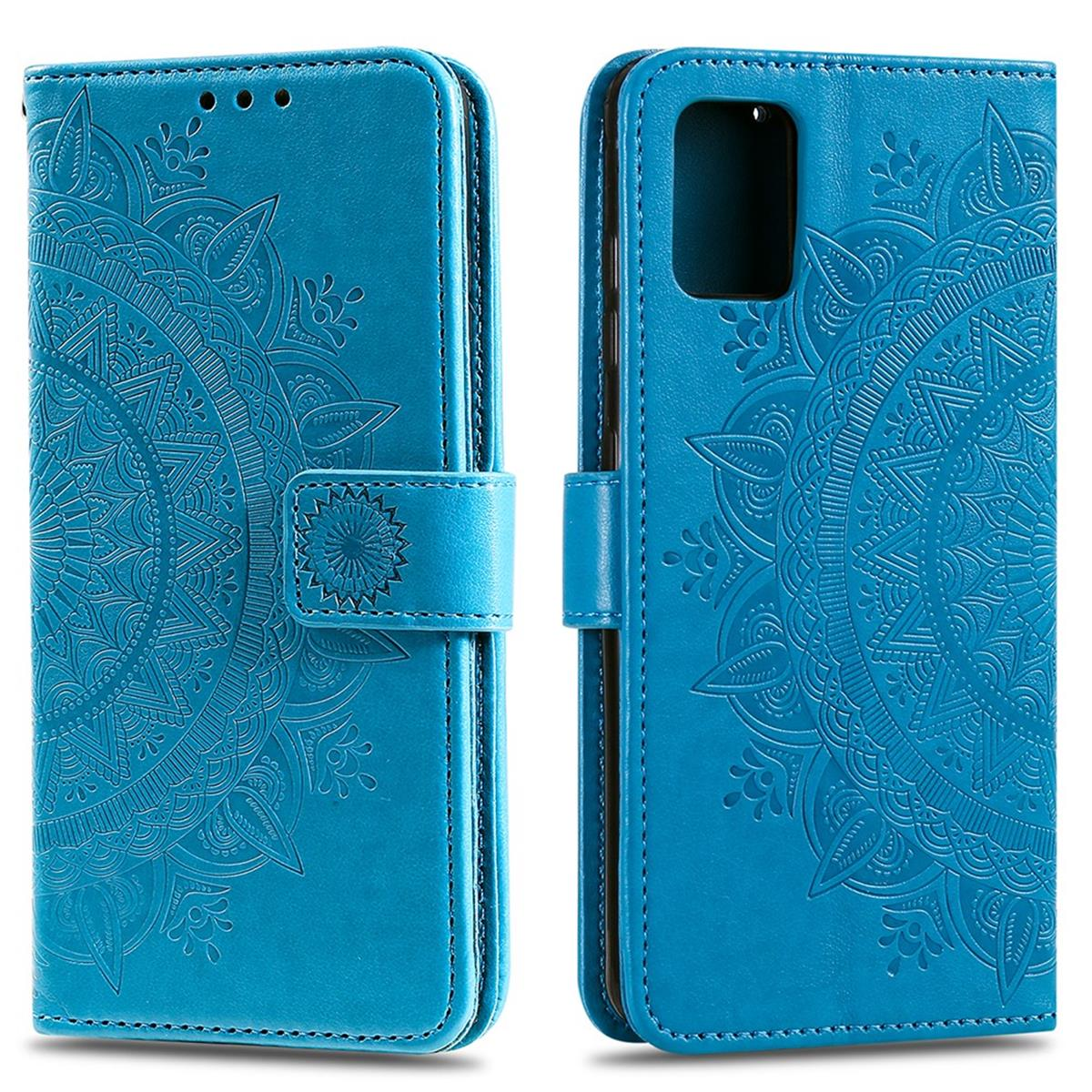 Blaue Handyhülle mit Mandala-Design. Die Hülle hat einen Magnetverschluss.