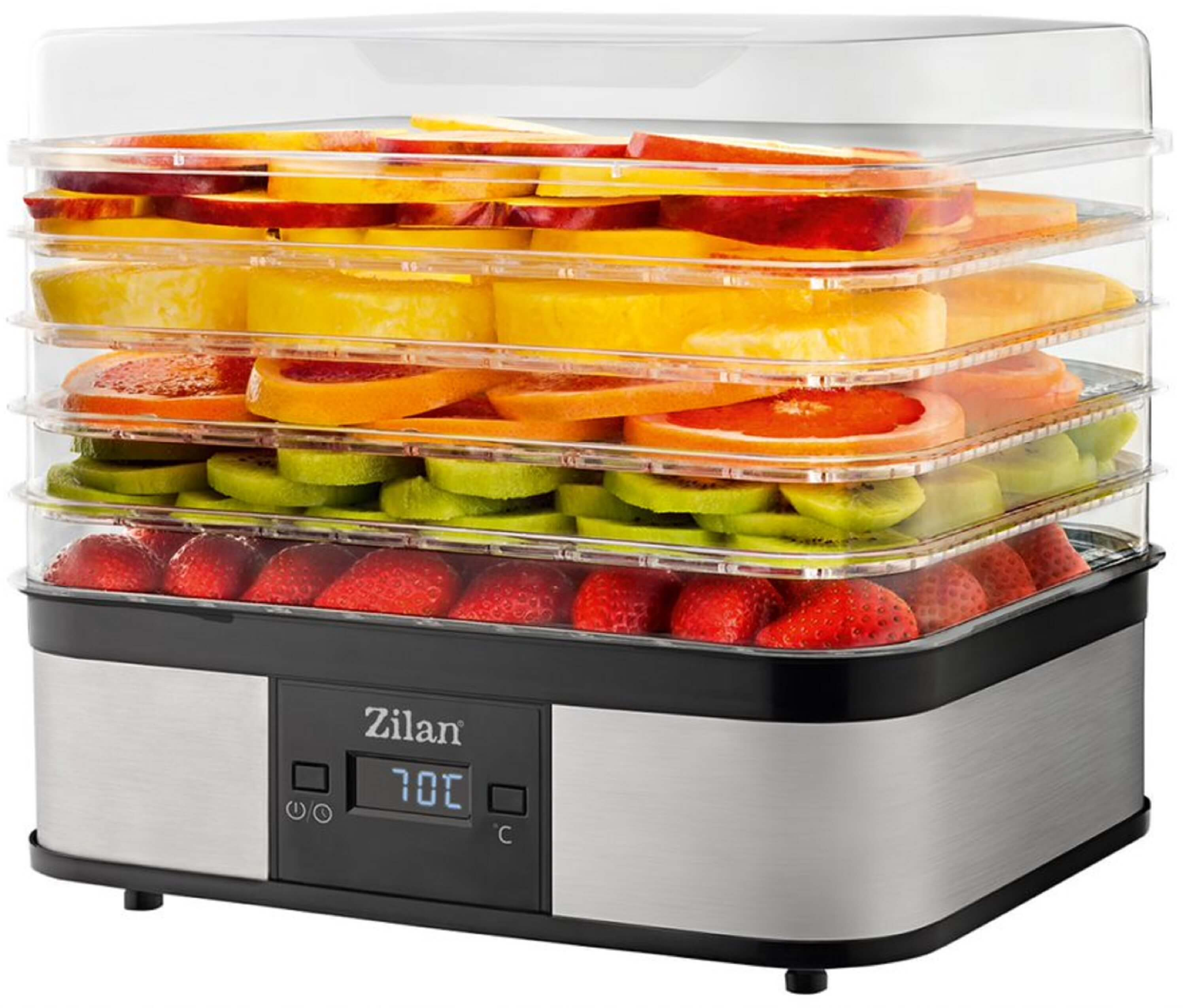 Ein Dörrgerät mit Obst auf Tabletts, mit digitaler Anzeige der Temperatur.