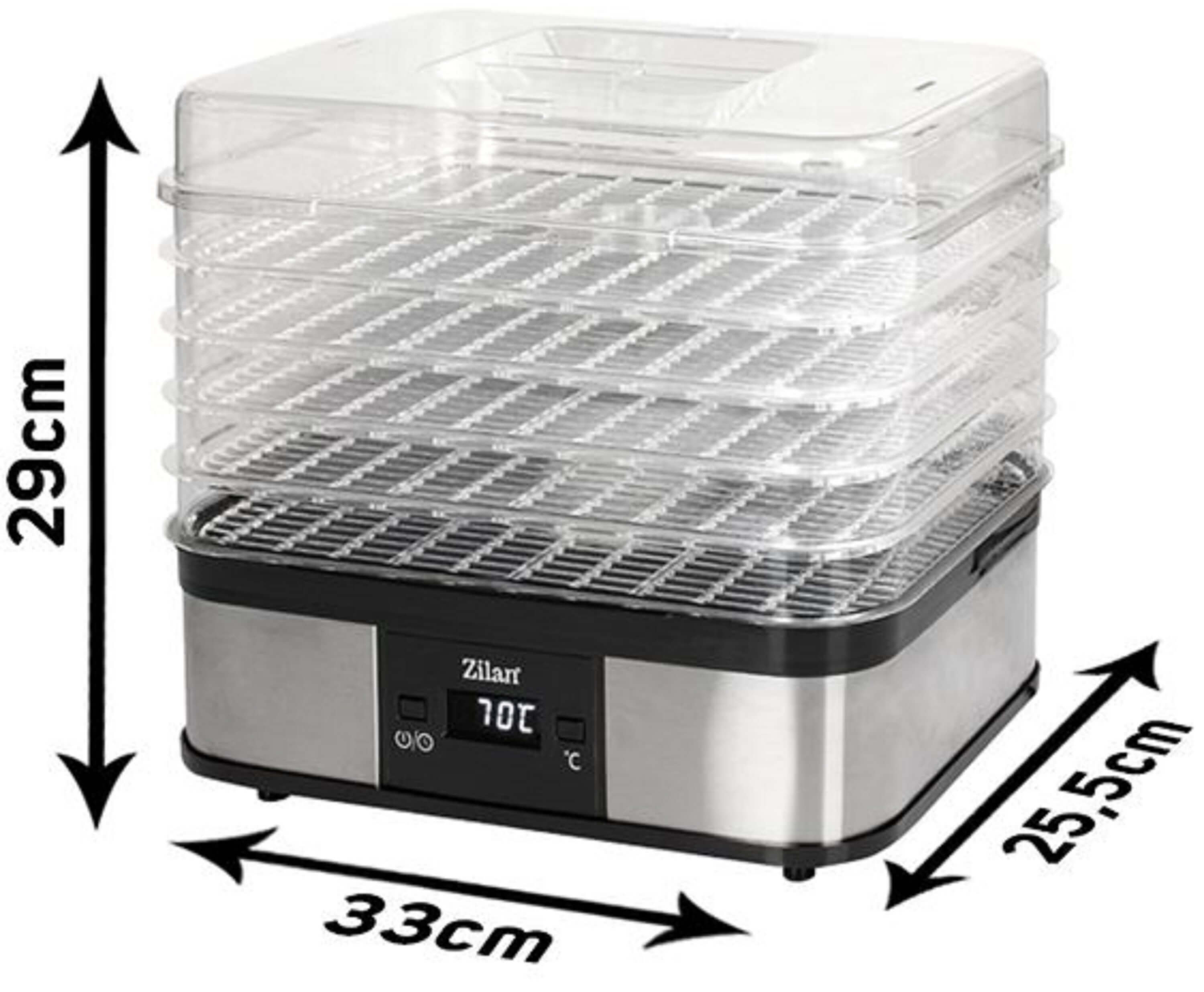 Lebensmitteltrockner mit beschrifteten Abmessungen: 29 cm hoch, 33 cm breit und 25,5 cm tief. Transparente Schalen sichtbar.