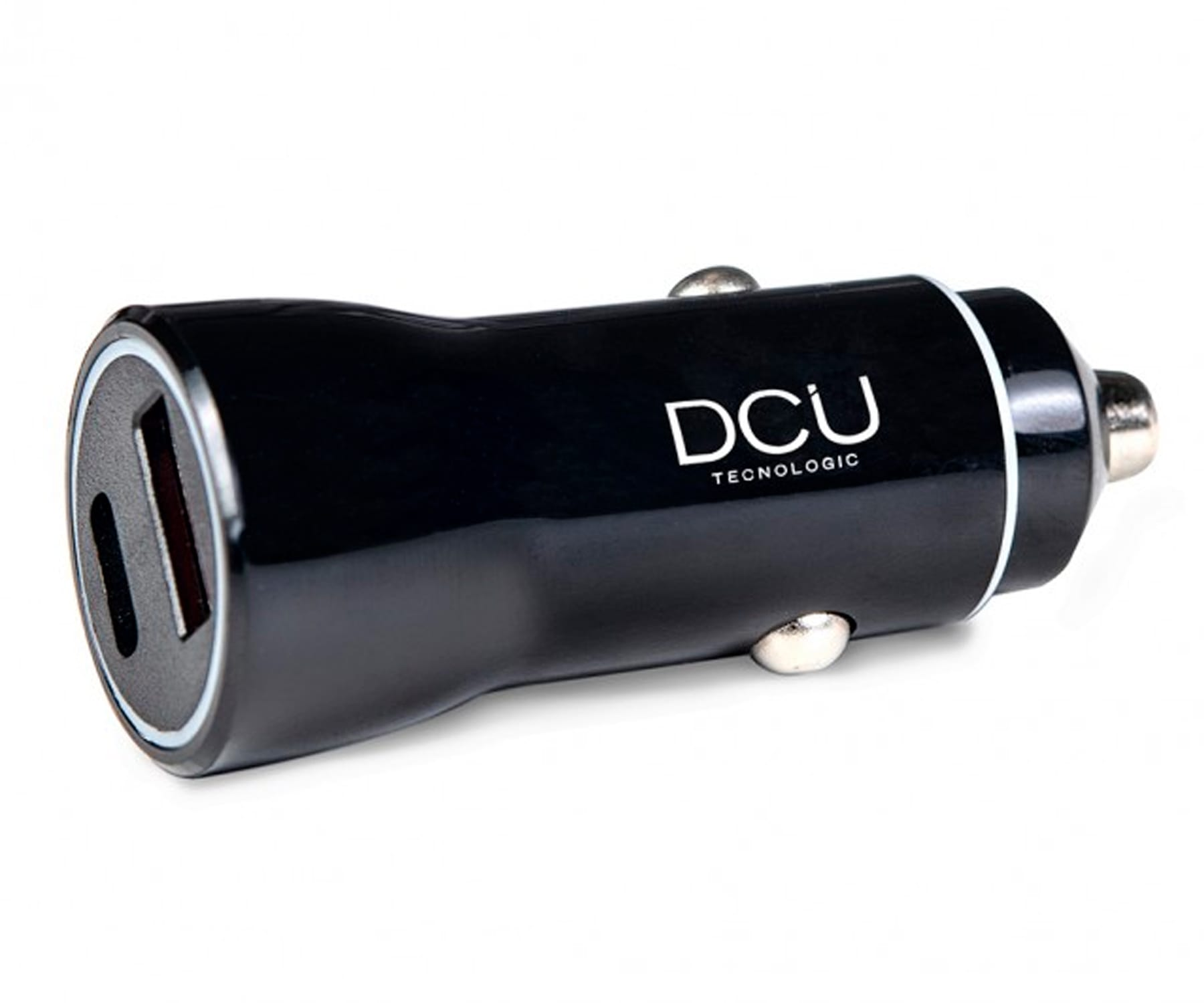 Un cargador de coche negro con puerto USB y la palabra DCU.