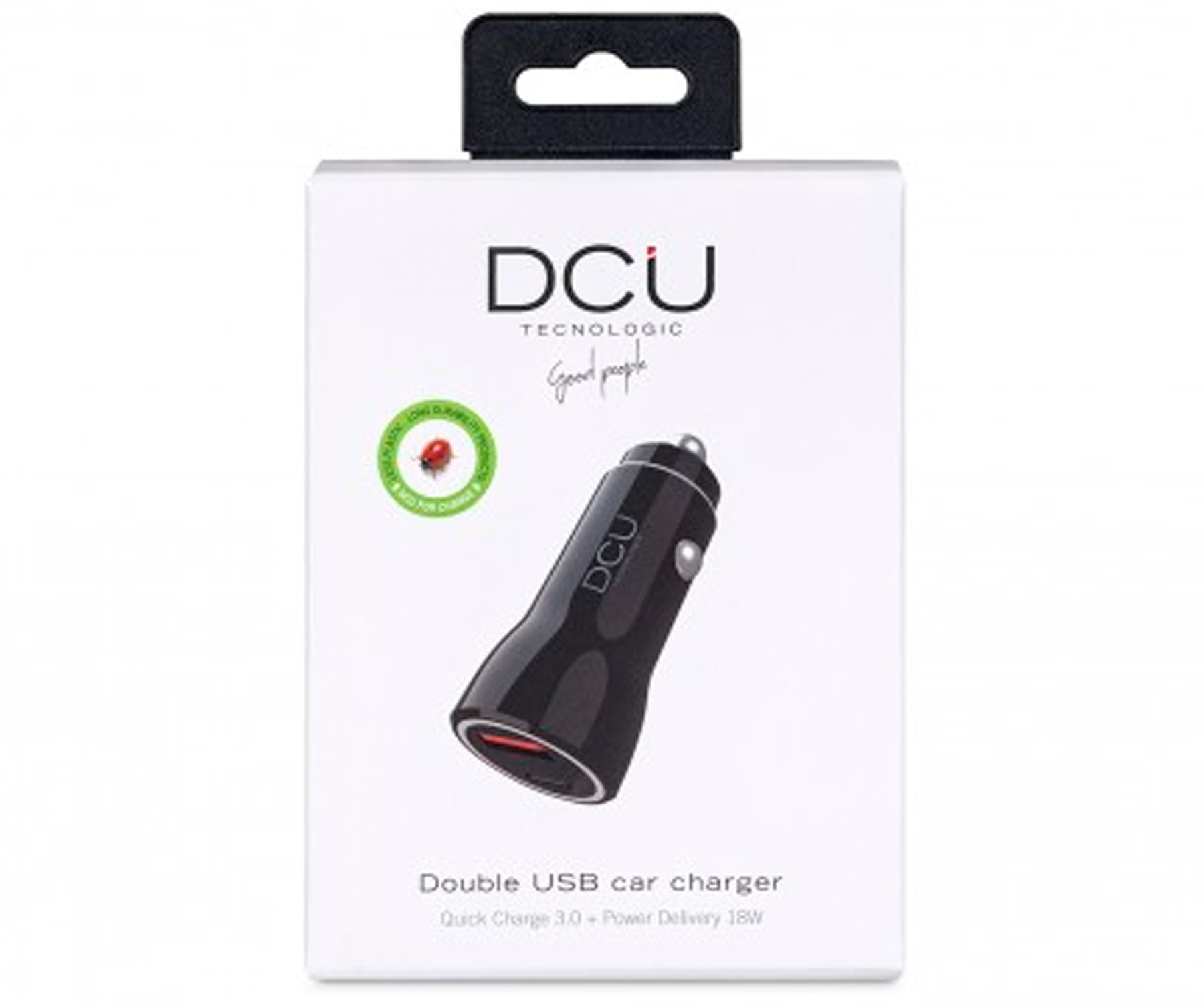 Cargador de coche negro en caja blanca. Texto: Cargador de coche USB doble.