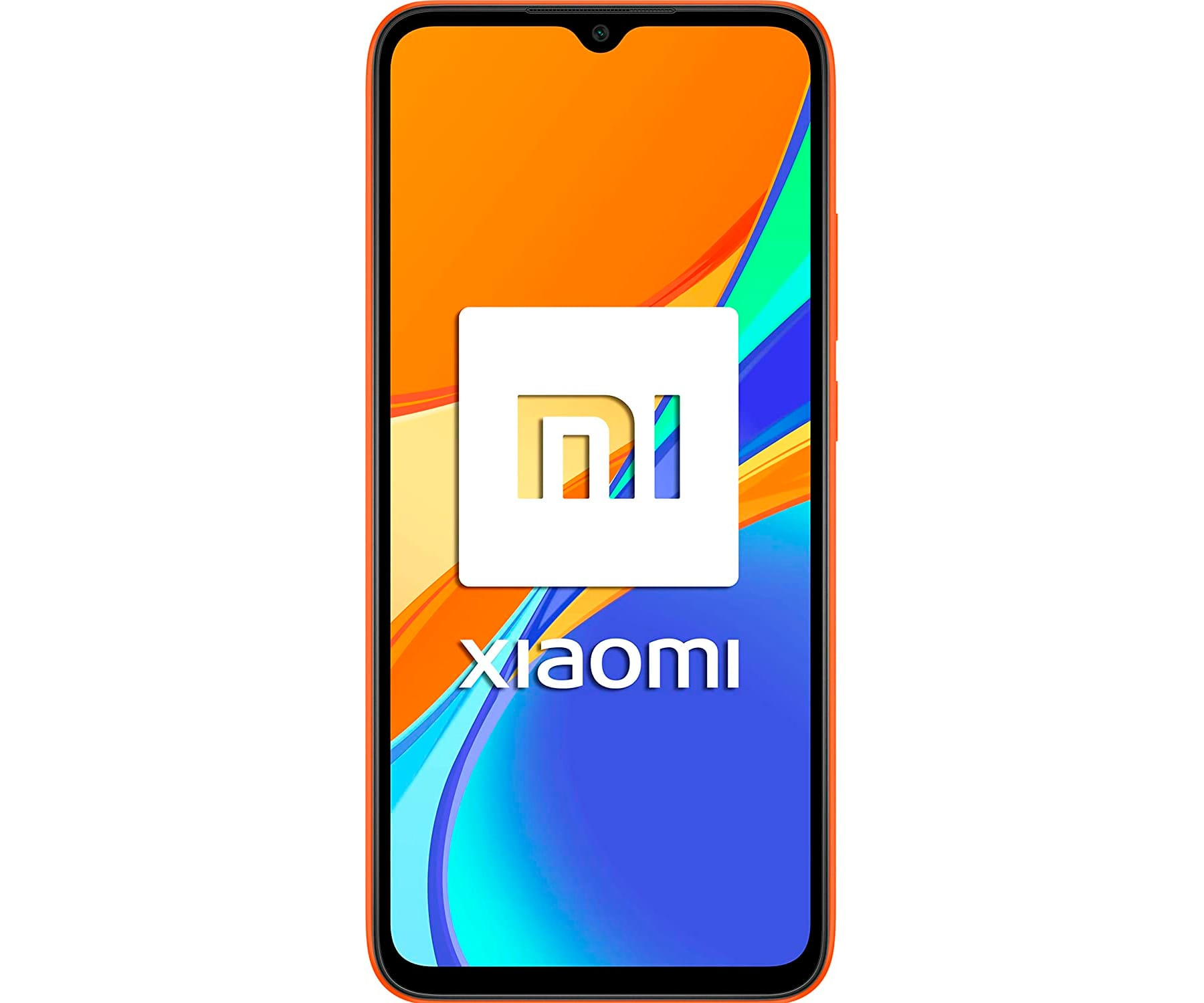 Pomarańczowy telefon Xiaomi z białym logo. Posiada wcięcie w kształcie łezki i aparat u góry.