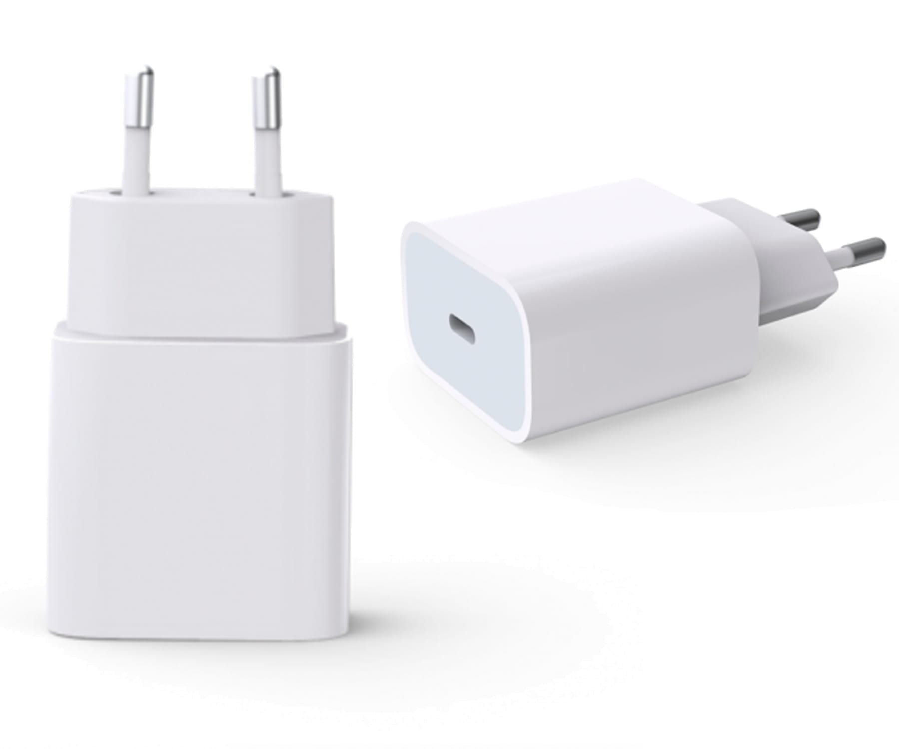 Dos cargadores de teléfono blancos. Uno de pie, el otro de lado.