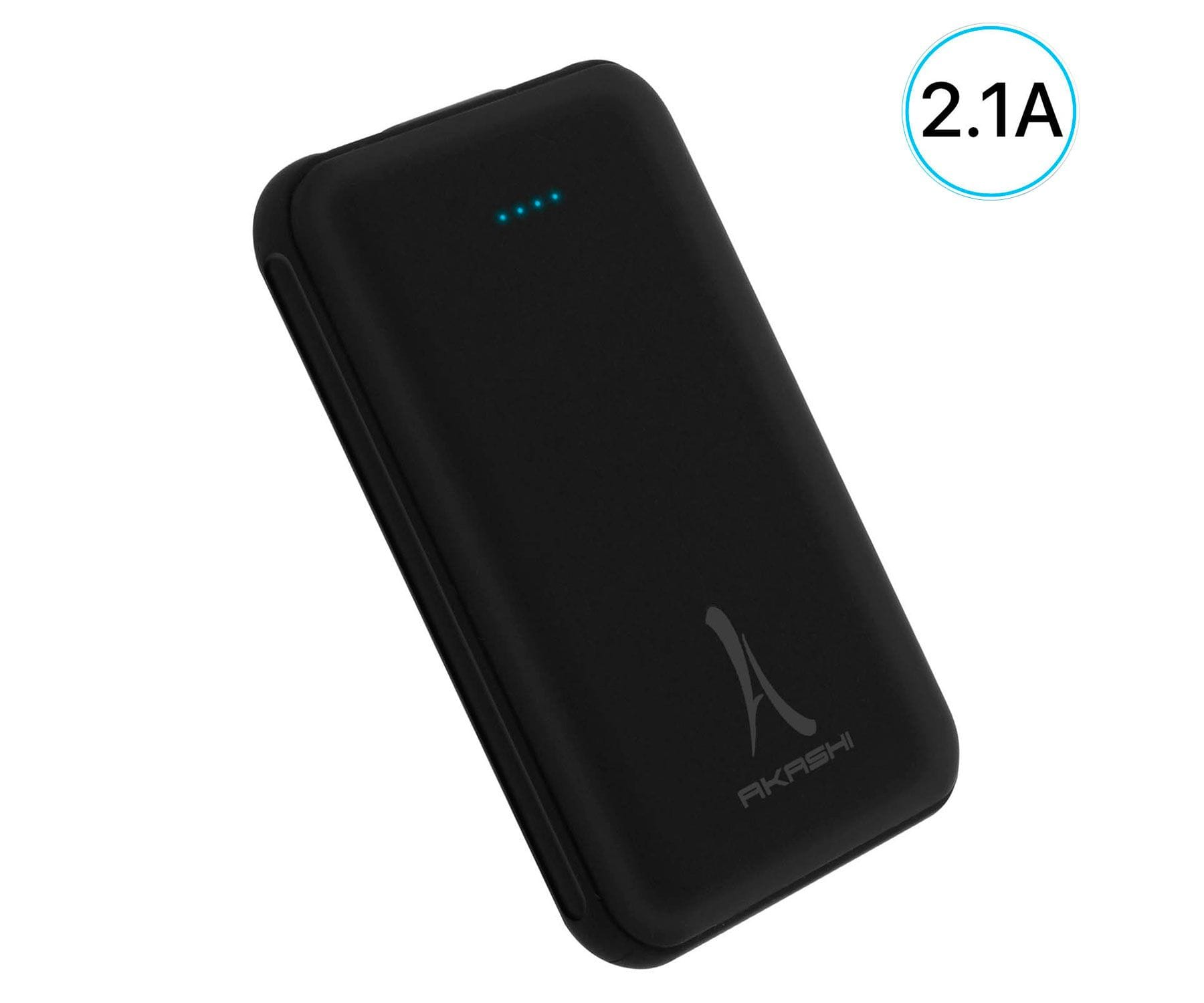 Un power bank Akashi nero con quattro LED blu. Ha un'etichetta 2.1A sul lato destro.