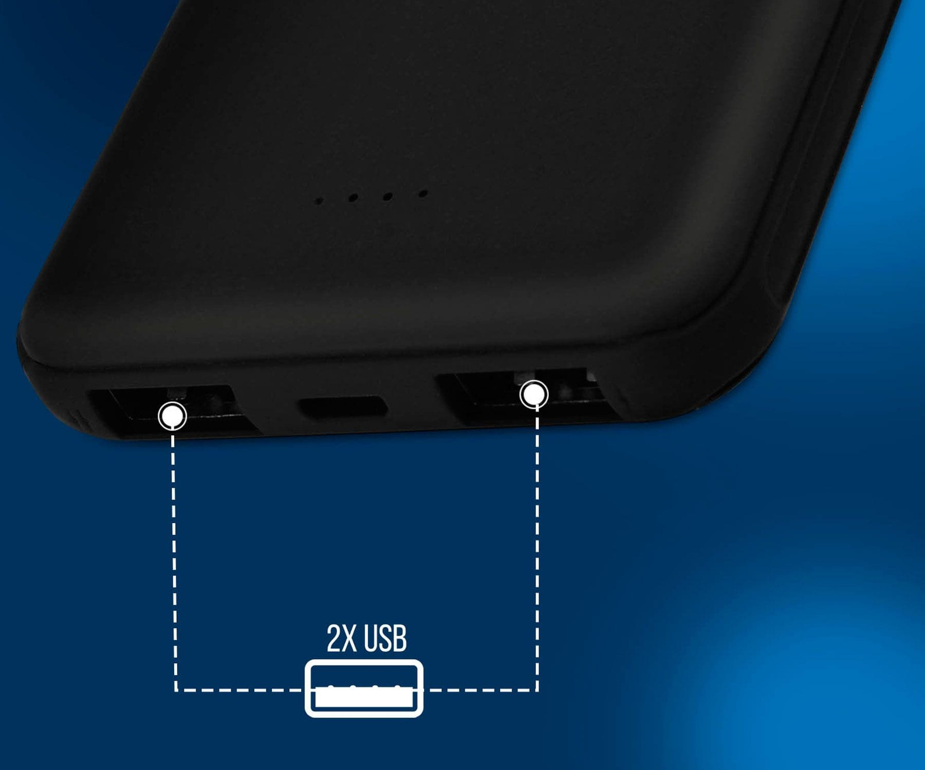 Un power bank nero con due porte USB e un'etichetta 2X USB.