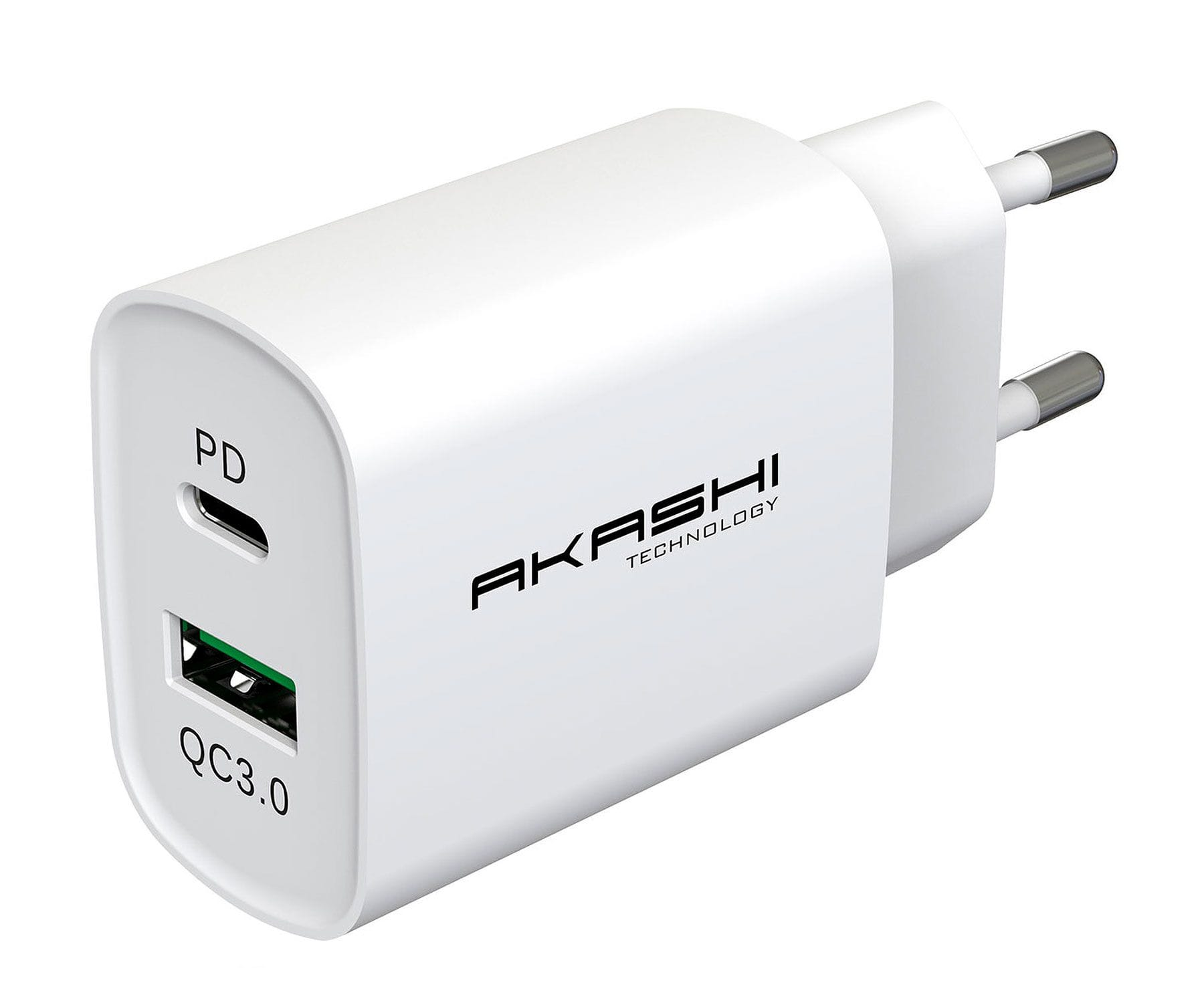 Caricabatterie Akashi bianco con due porte: PD e QC3.0, con spina.