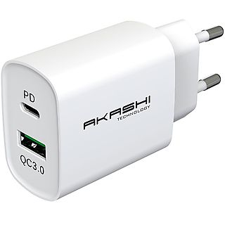 Cargador  - AKASHI ALTACQC20WH / Cargador de red eléctrica USB-A + USB-C 20W AKASHI, Blanco