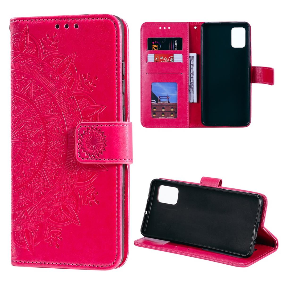 Rosa Handyhülle mit Mandala-Design, geöffnet. Zeigt Telefon, Karten und Foto.