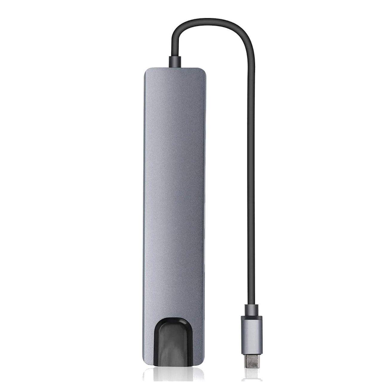 Grauer USB-C-Hub mit schwarzem Kabel und USB-C-Anschluss.