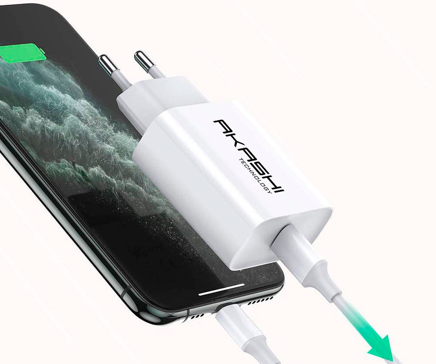 Un caricatore AKASHI bianco collegato a un telefono nero. Viene visualizzato un simbolo di alimentazione verde.