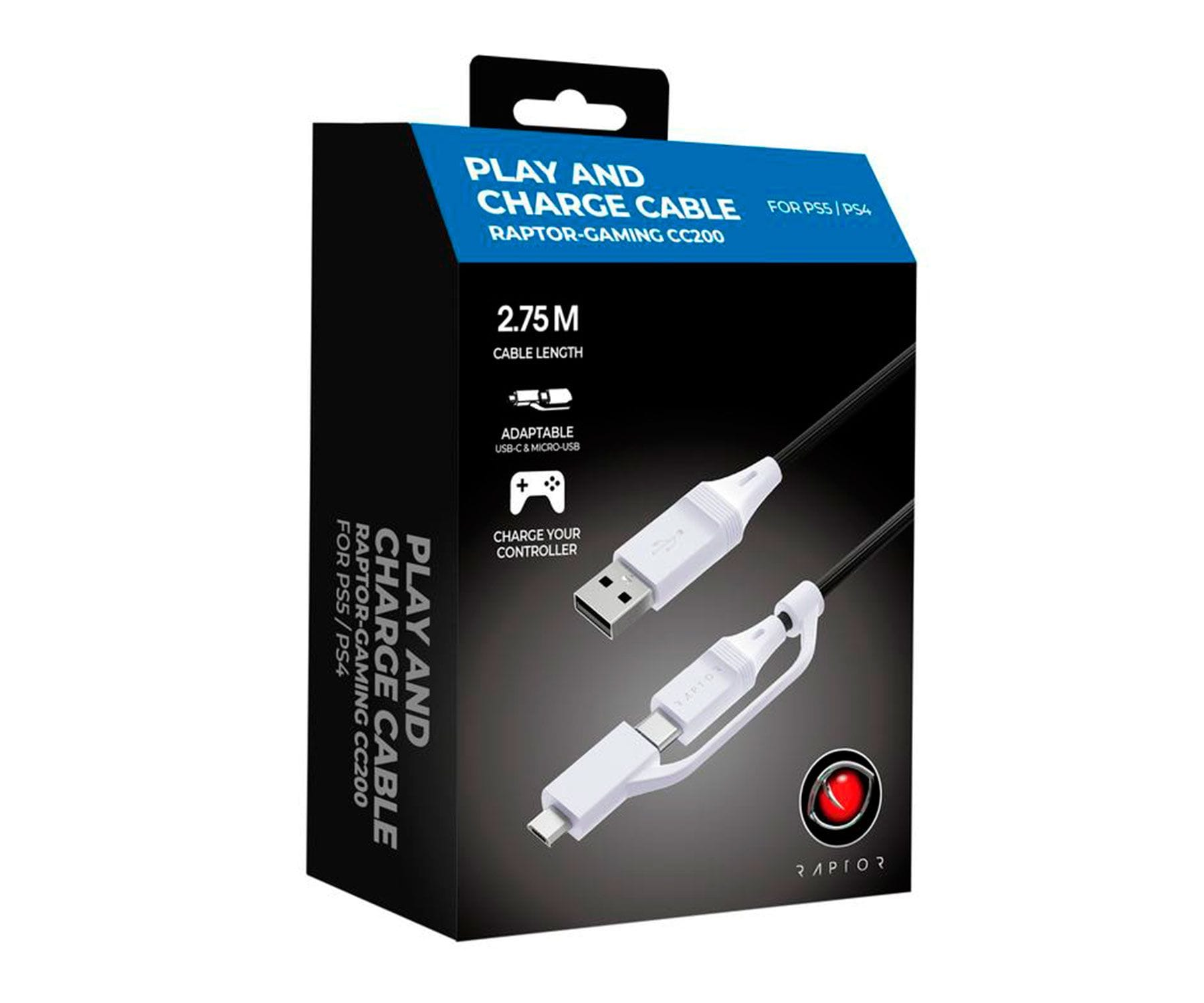 Cable de juego y carga negro y blanco para PS5/PS4. El embalaje dice Cable de juego y carga, 2,75M, USB a Micro-USB.