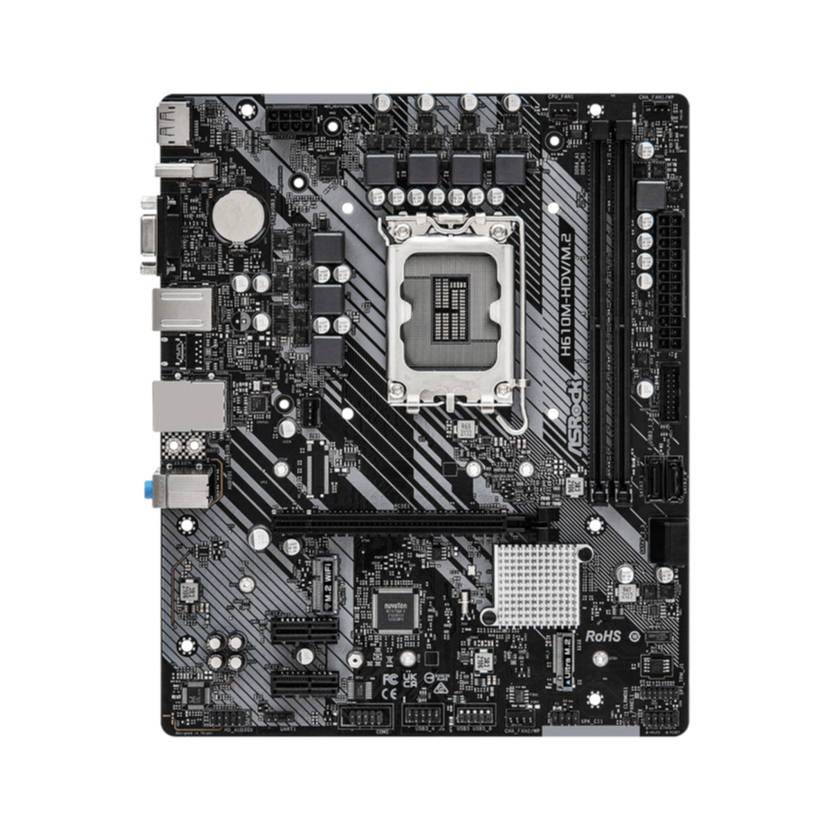 Schwarzes und graues Computer-Motherboard. Enthält verschiedene Komponenten, einschließlich CPU-Sockel und RAM-Steckplätze.