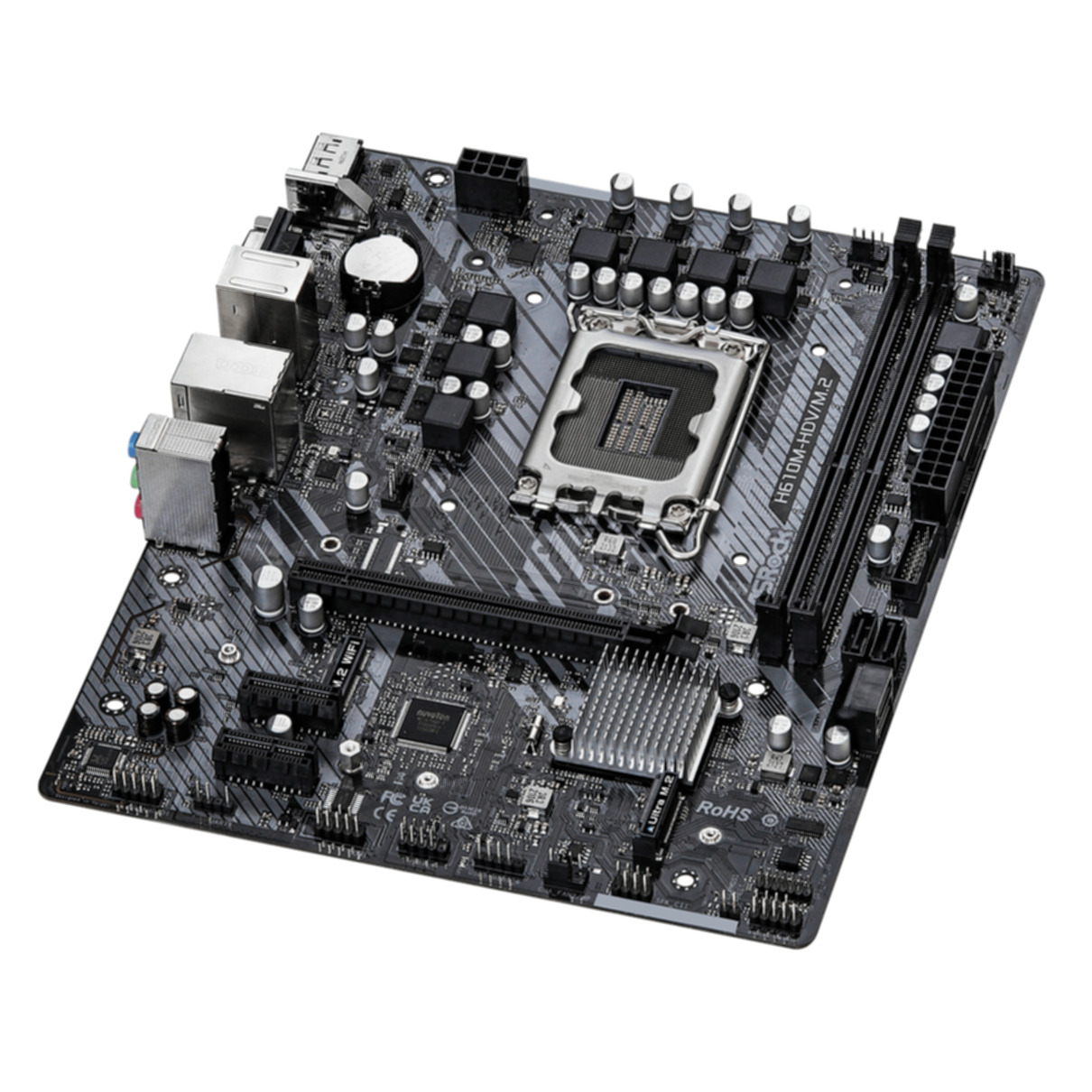 Ein schwarzes und graues Computer-Motherboard mit verschiedenen Komponenten und weißem Hintergrund.