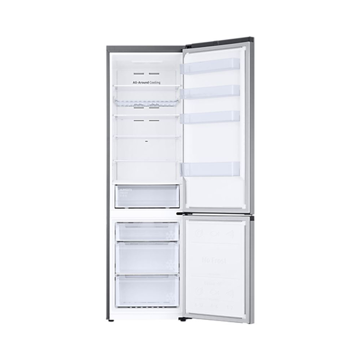 Un frigorífico plateado con la puerta abierta. El interior muestra estantes, cajones y un congelador. Contenido vacío.