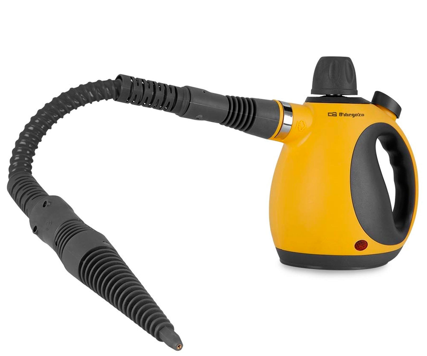 Żółta myjka parowa z elastycznym wężem i dyszą, białe tło.