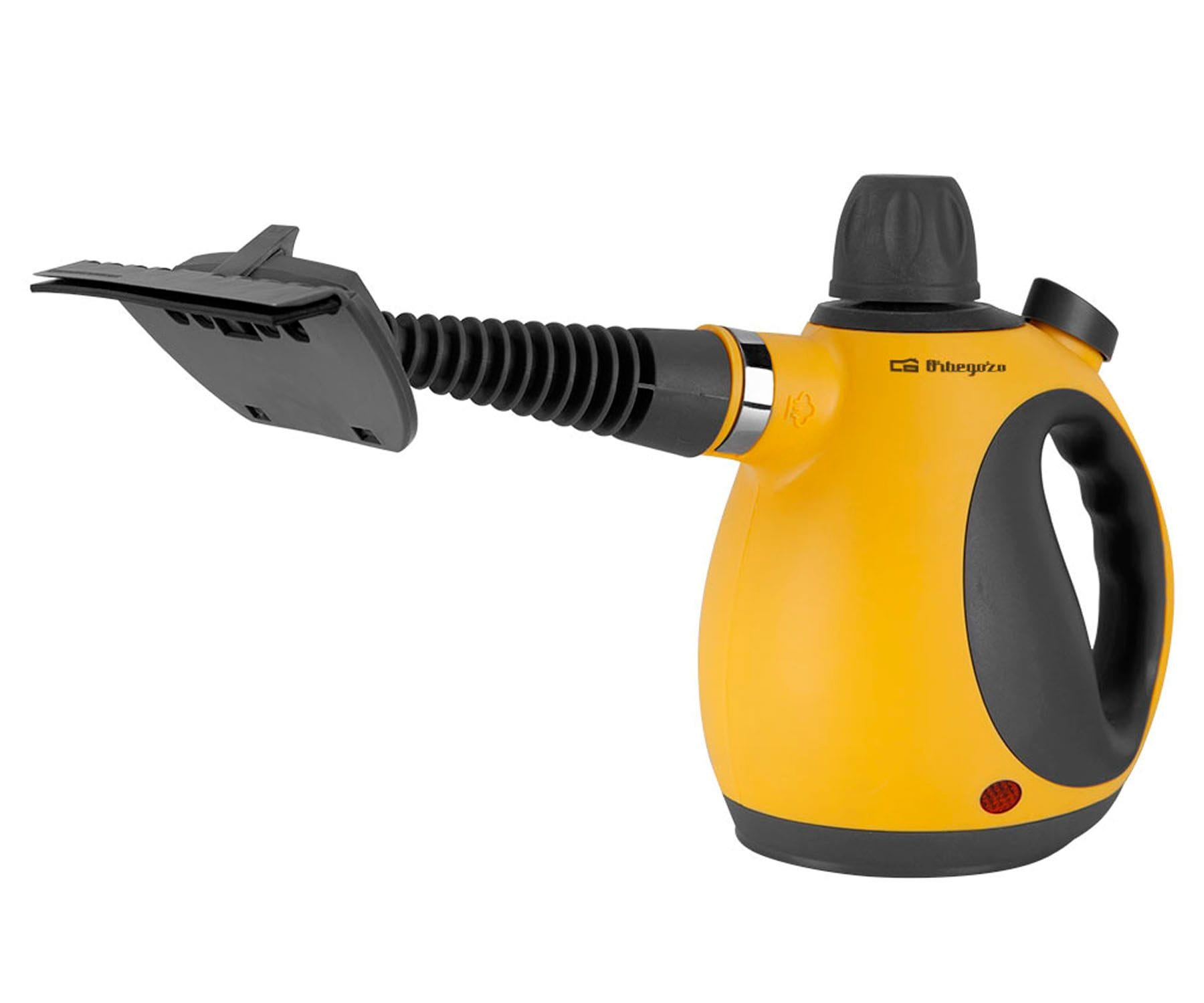 Żółta ręczna myjka parowa z czarną dyszą i uchwytem. Białe tło.