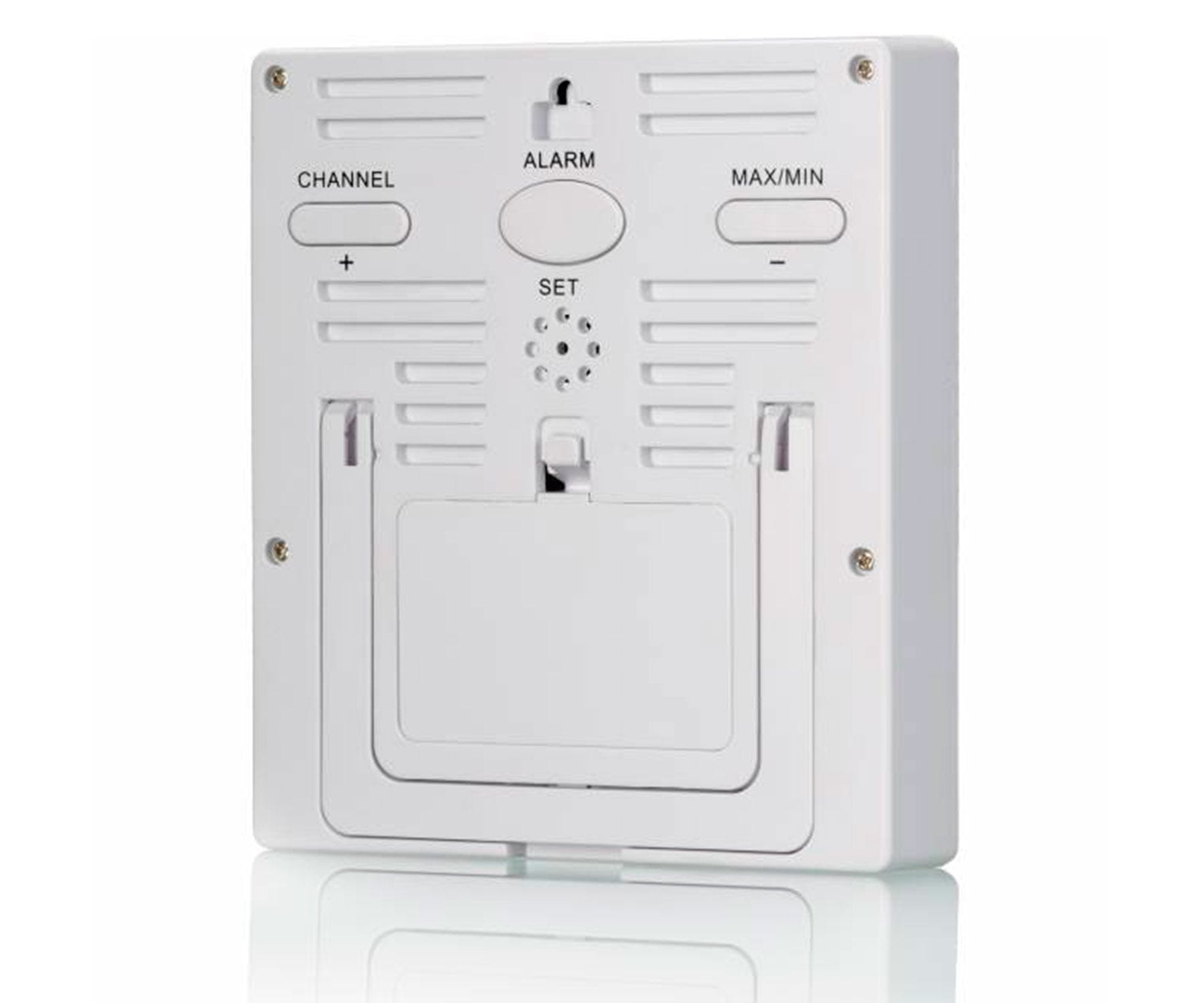 Weißes elektronisches Quadrat mit Knöpfen. Zeigt 'CHANNEL', 'ALARM', 'MAX/MIN'.