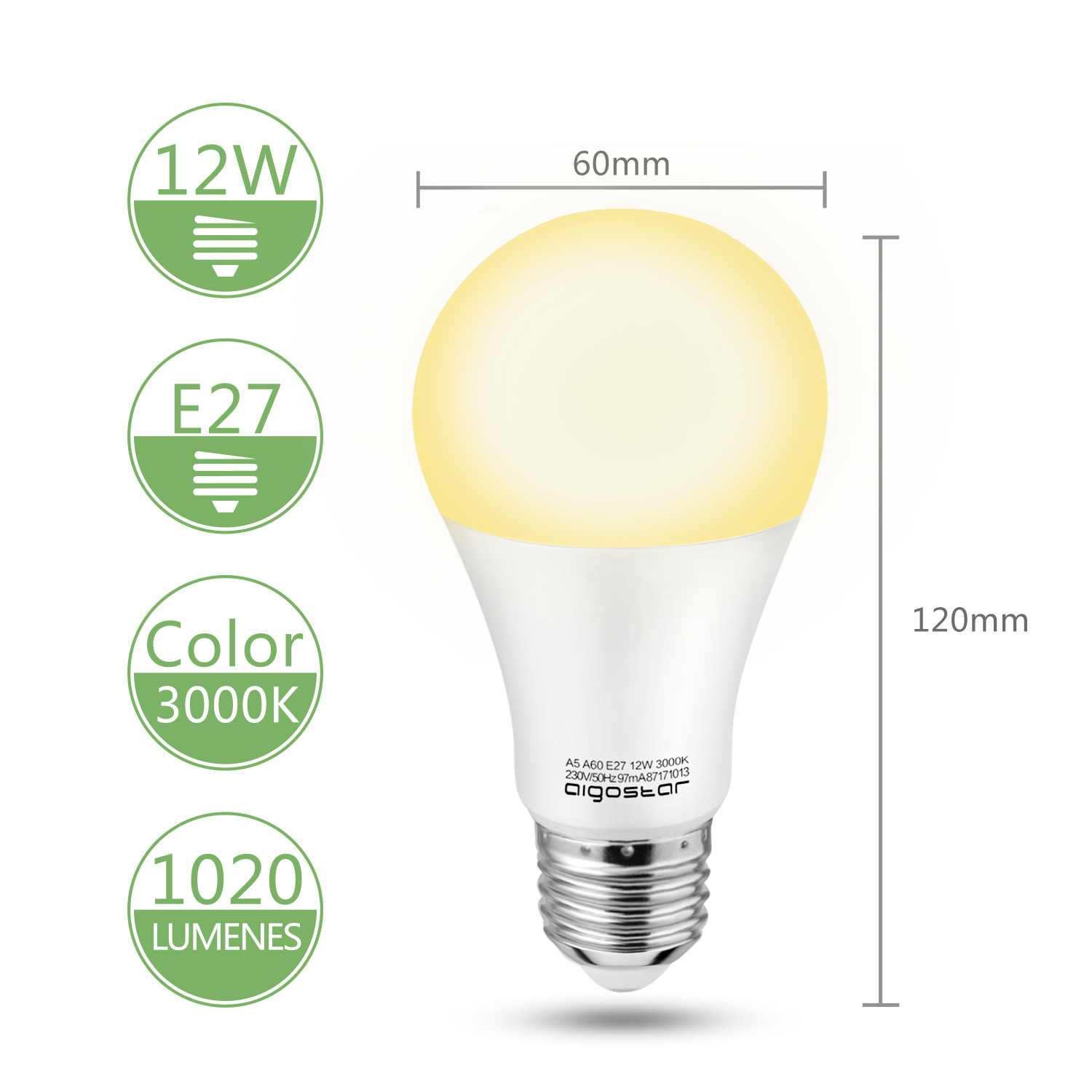Bombilla con especificaciones: 12W, E27, temperatura de color 3000K, 1020 lúmenes. Luz blanca y amarilla.