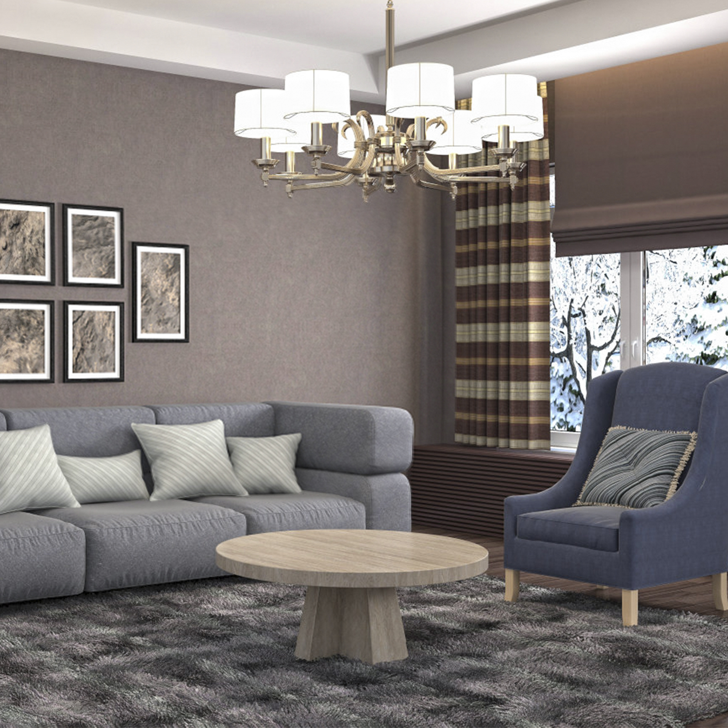 Salón con sofá gris, sillón azul, mesa redonda y lámpara de araña. Hay cuadros en la pared.