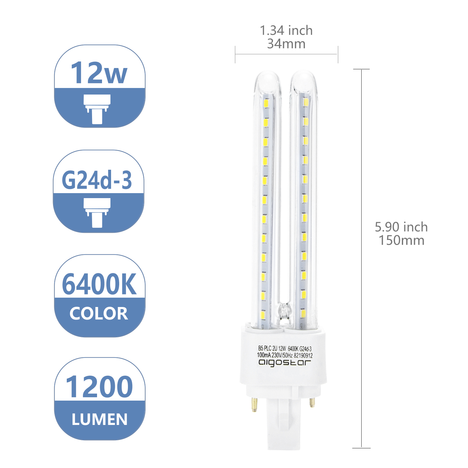 Bombilla blanca con texto azul. Textos: 12W, G24d-3, 6400K Color, 1200 Lumen. Se muestran las dimensiones.