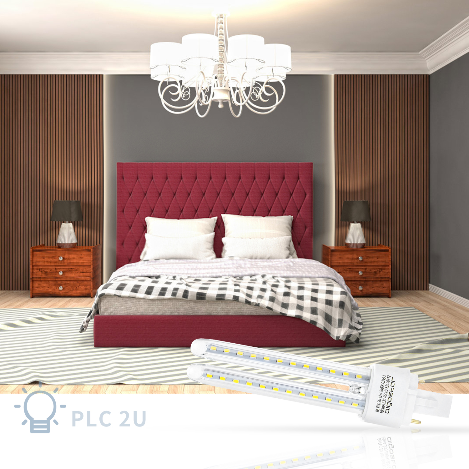 Un dormitorio con una cama, mesitas de noche y una lámpara de techo decorativa.