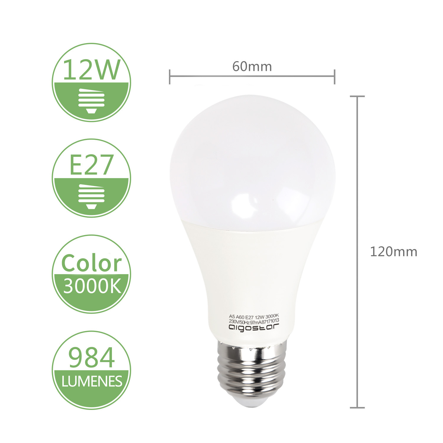 Una bombilla LED blanca con medidas y texto sobre lúmenes.