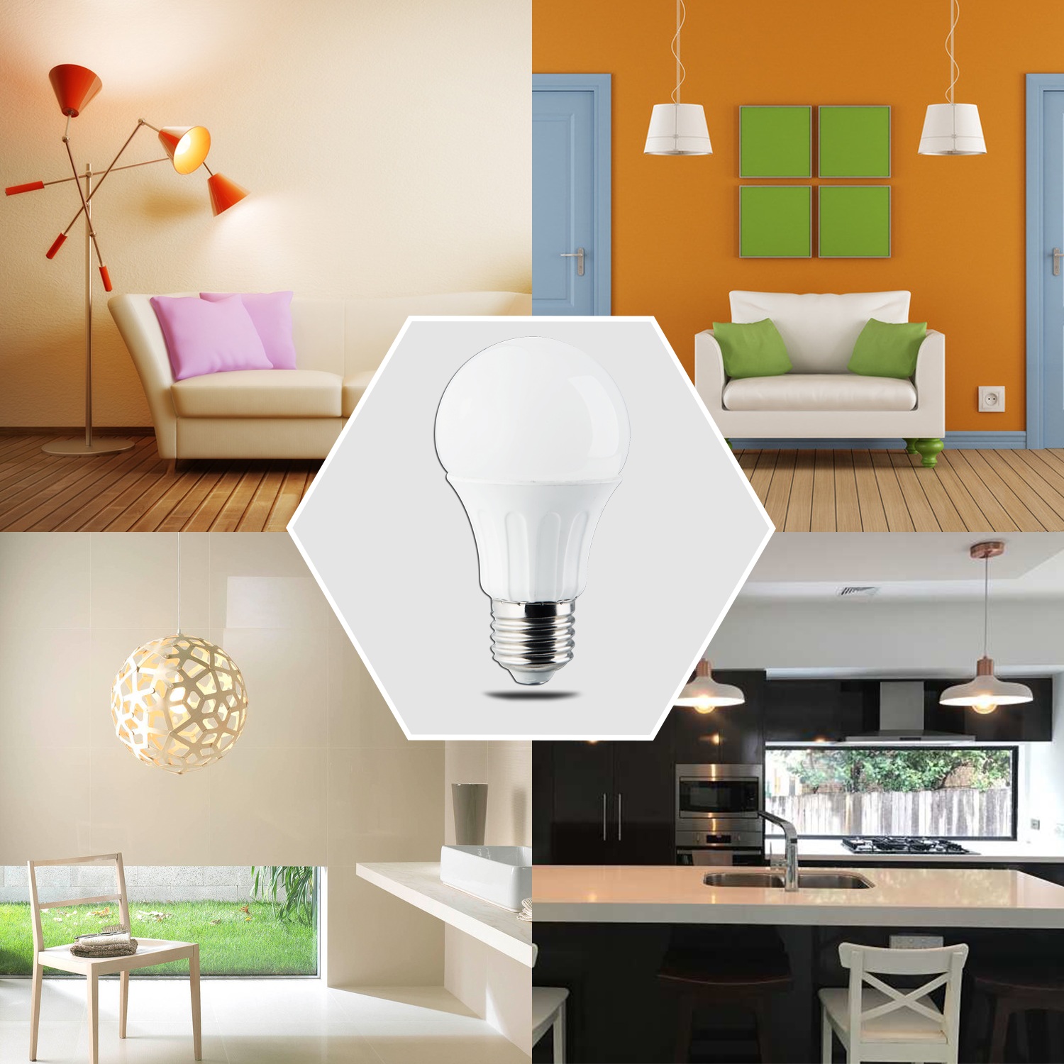 Una bombilla blanca en el centro con fotos de diseño interior alrededor.
