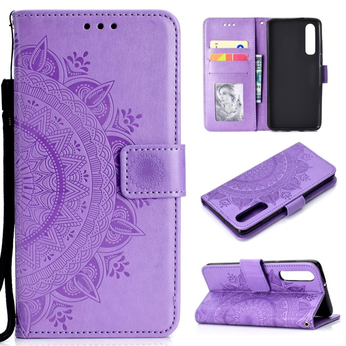Lila Handyhülle mit Mandala-Design, mit Karten, Geld und Telefon. Geöffnete und geschlossene Ansicht.