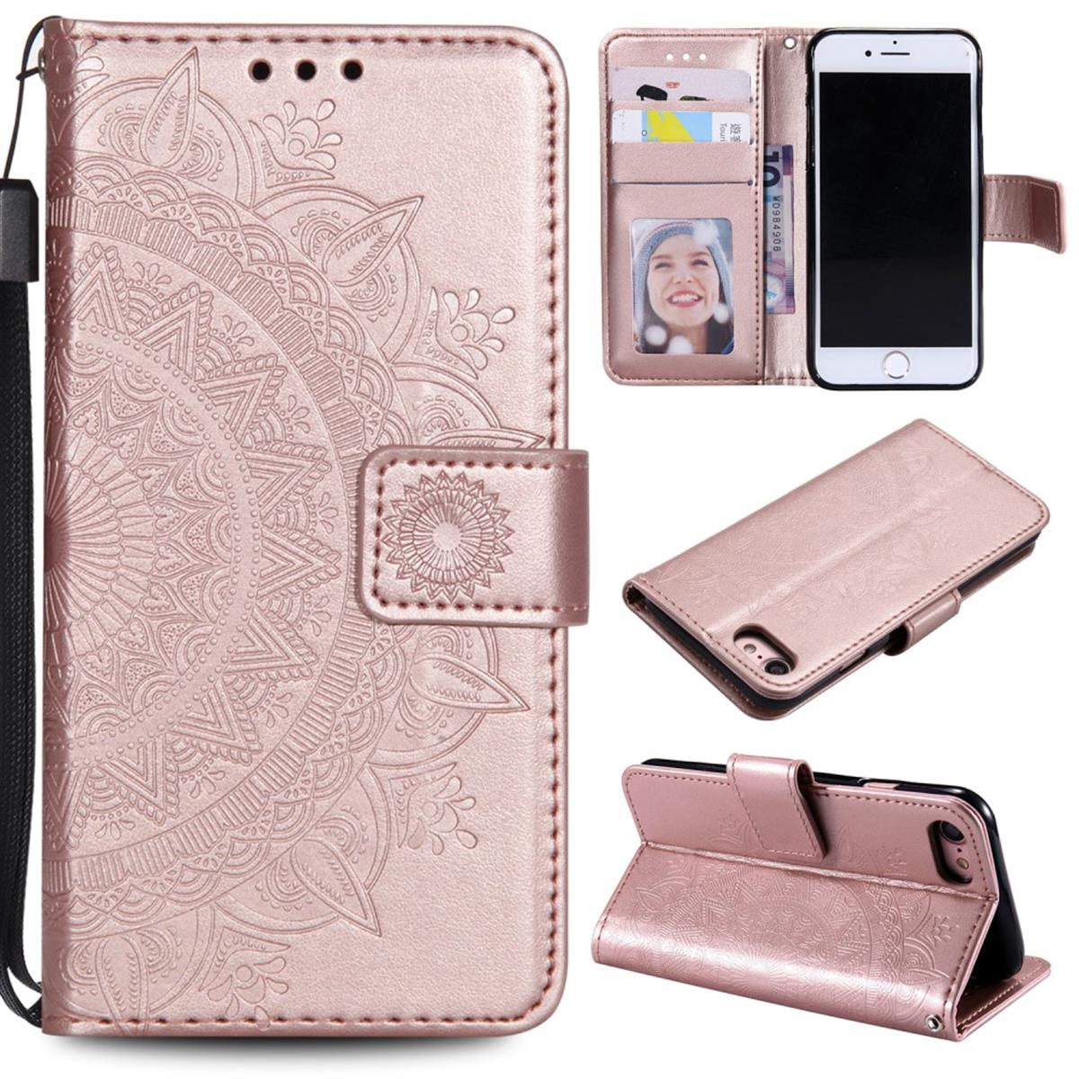 Roségoldene Handyhülle mit Mandalamuster, Karten, Geld und weißem Telefon.