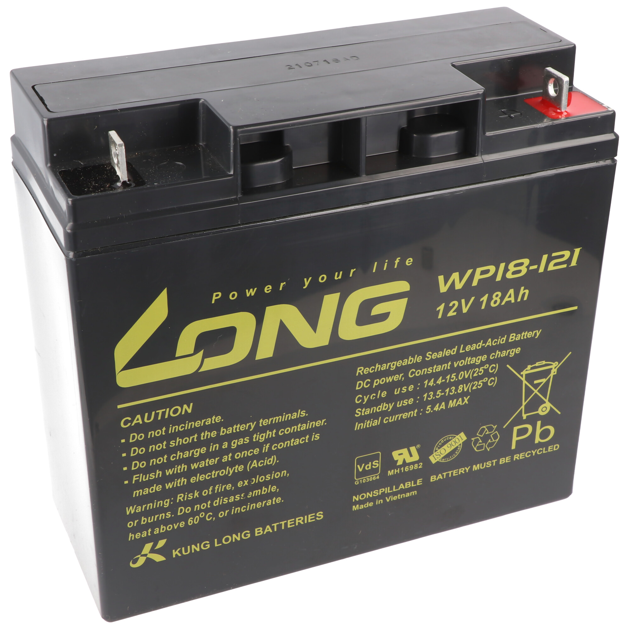 Schwarze Batterie mit gelbem Text "LONG" und Warnhinweisen, rechteckig, roter Anschluss.