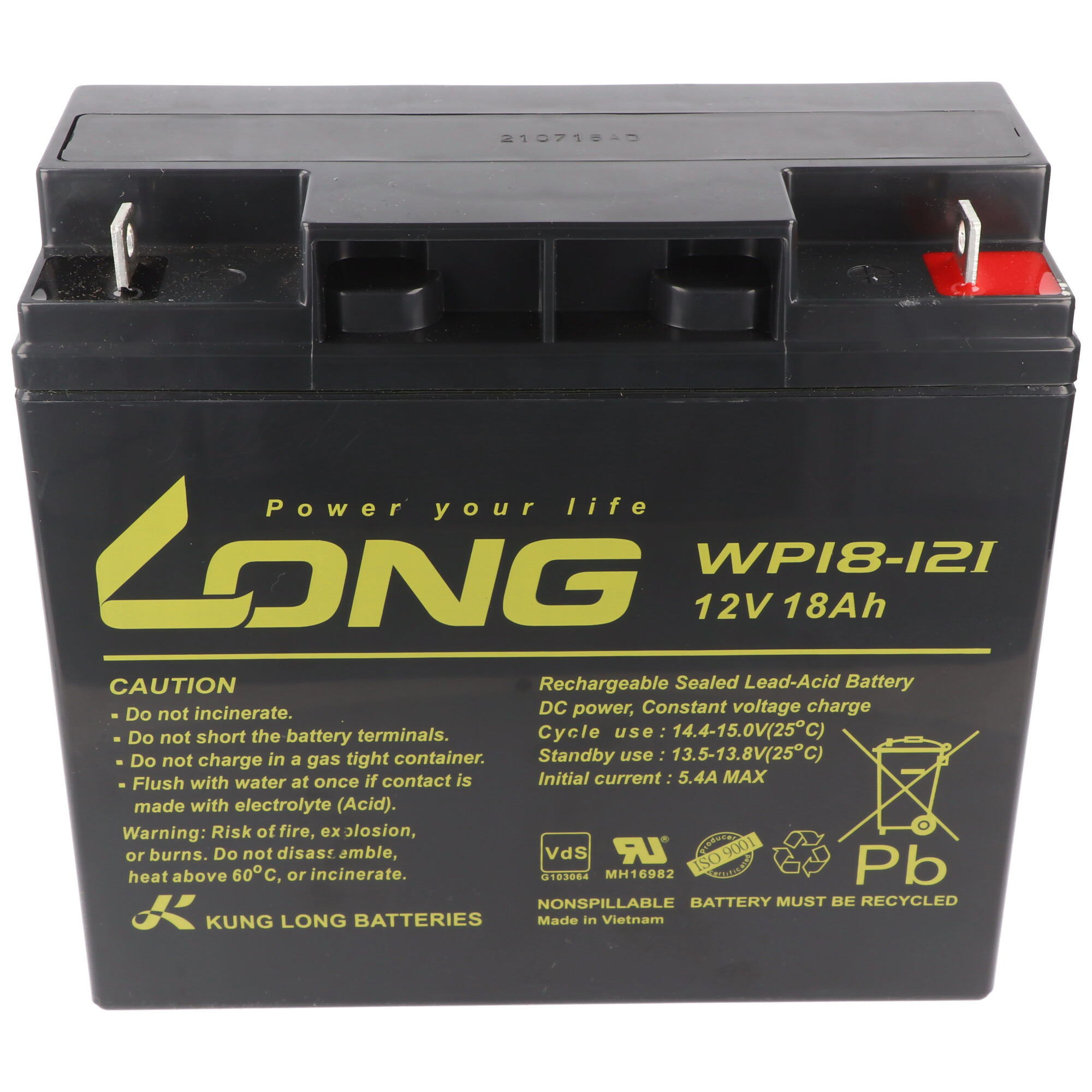 Schwarze Batterie mit weißem Text. Es hat zwei rote und weiße Anschlüsse. Die Marke ist LONG.