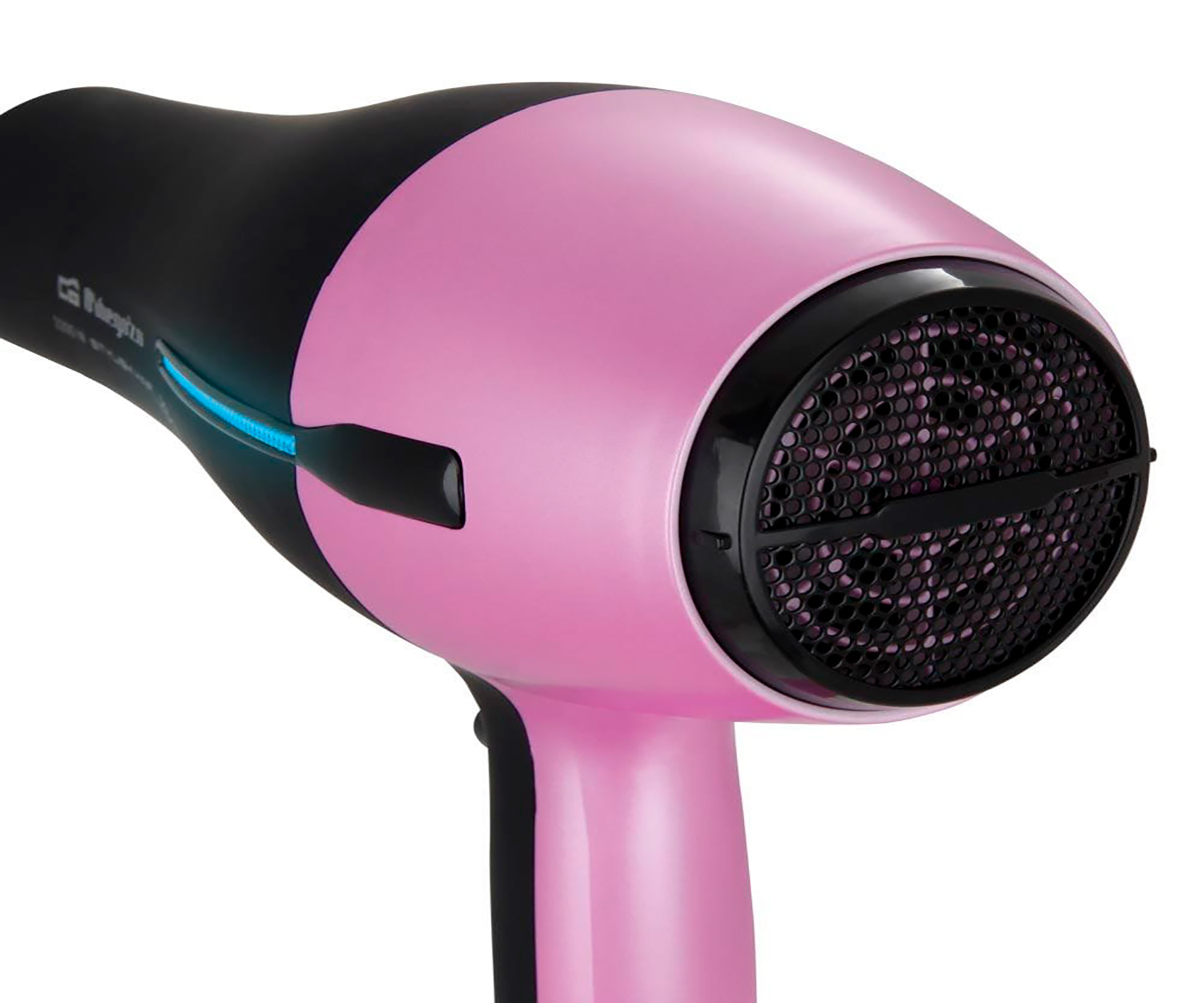 Różowa i czarna suszarka do włosów. Dysza ma czarną kratkę.